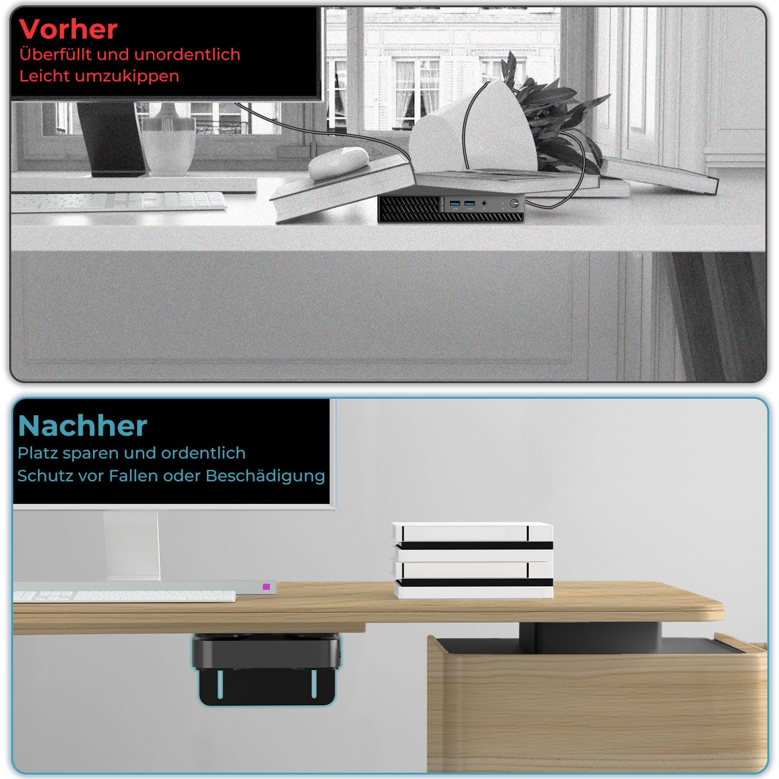 Universal Halterung für Mini-PCs, NUC, Mac Mini, Kabelboxen, WLAN-Router und Kleine CPUs Verstellbare Weite von 16-70MM Wand/VESA/Untertisch Halter für Thin Client Metall Monitorhalterung für Mini-PC