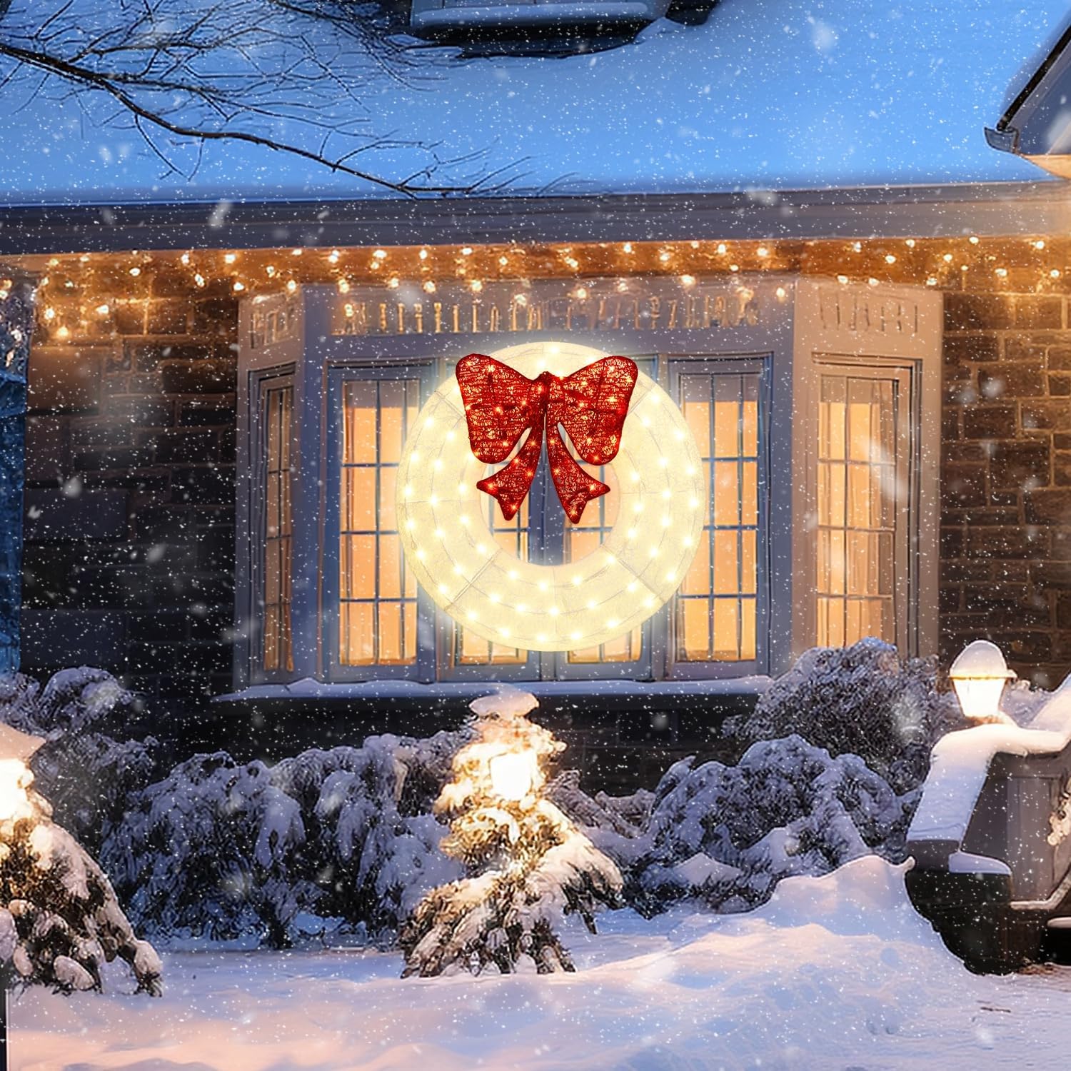 ATDAWN 26 Inch Christmas Wreath, Outdoor Christmas Wreath Decoration, Lighted Xmas Wreath for Christmas Home Wall Door Decoration (White)