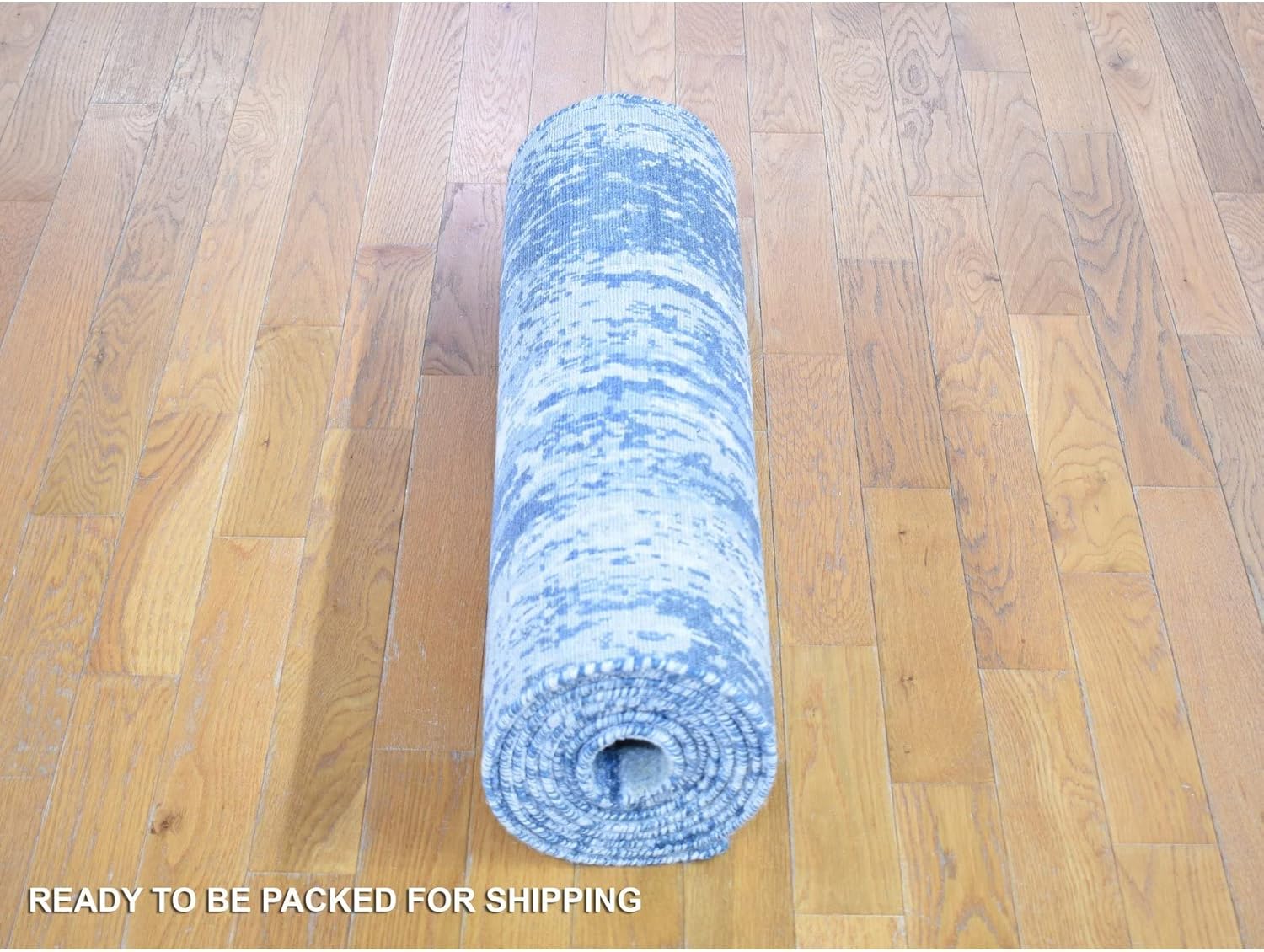 Hand Knotted Abstract Design Wool and Real Silk Denim Blue Runner Oriental Rug (2'7"x12'1")