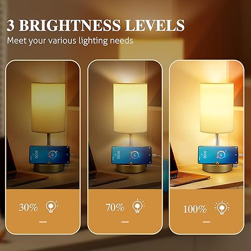 Miniatura 10 de Briever Lámpara de mesa con control táctil para dormitorio, lámpara de mesita de noche regulable de 3 vías con puertos de carga USB, lámpara de