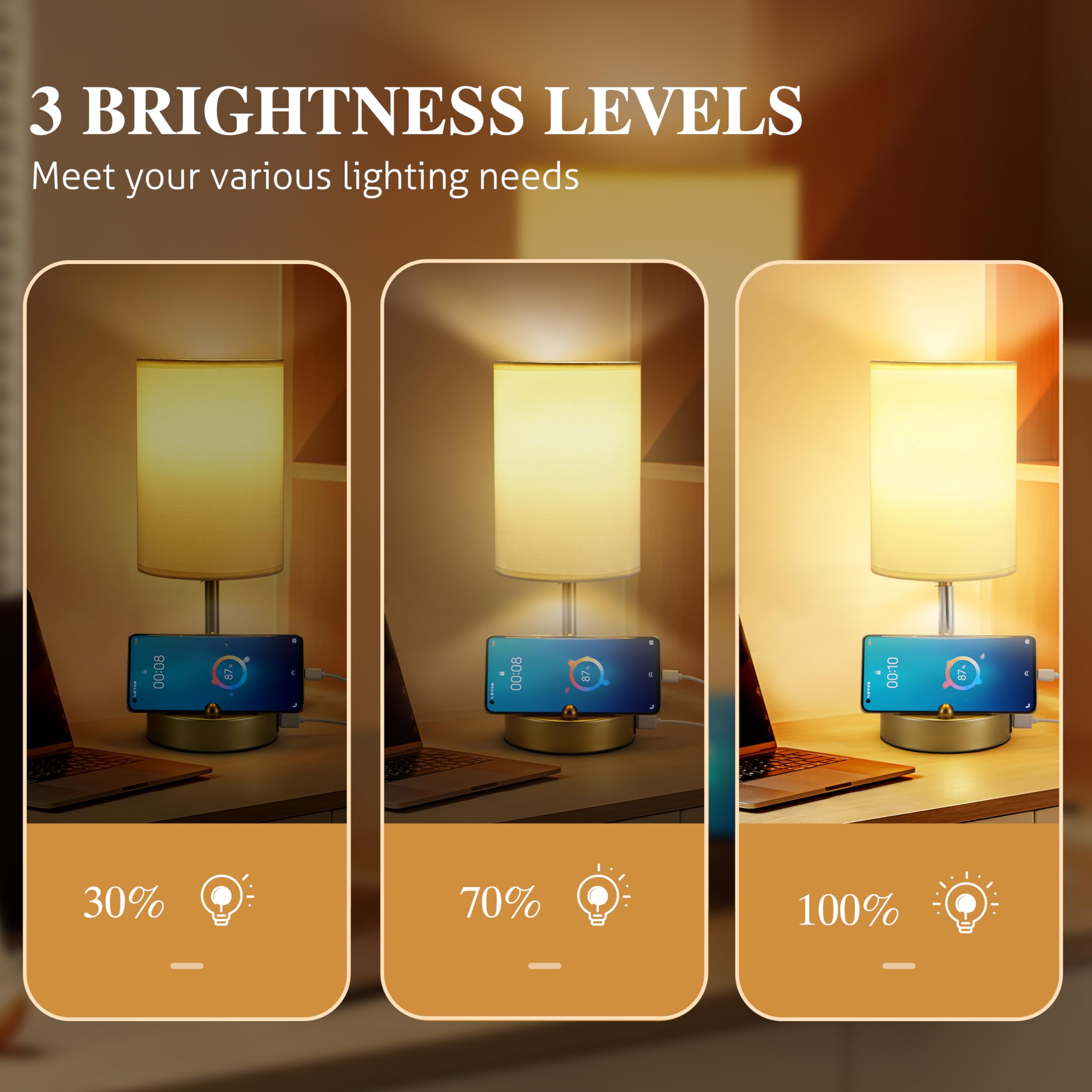 Briever Touch Control Tischlampe für Schlafzimmer, 3 Wege Dimmbare Nachttischlampe mit USB-Ladeanschluss, Nachttischlampe mit goldenem Telefonständer und rundem Leinenstoff für Wohnzimmer