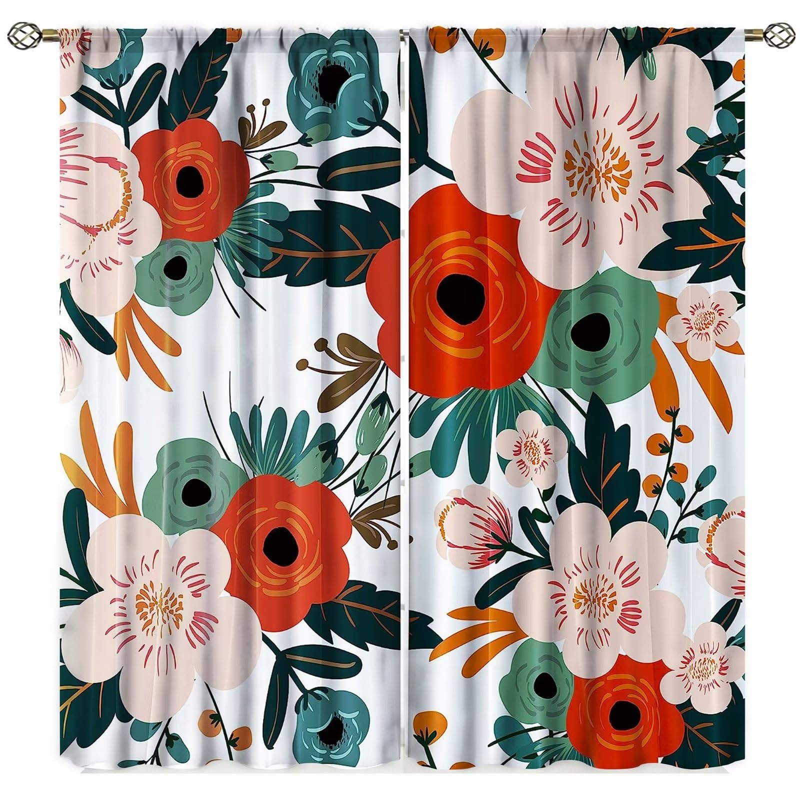 SXXLDNG Floral Curtains Colorful Flower Vintage Plant Green Leaves Spring Blossom Botanical Garden Red Orange Printed Bedroom Living Room Treatment 42
