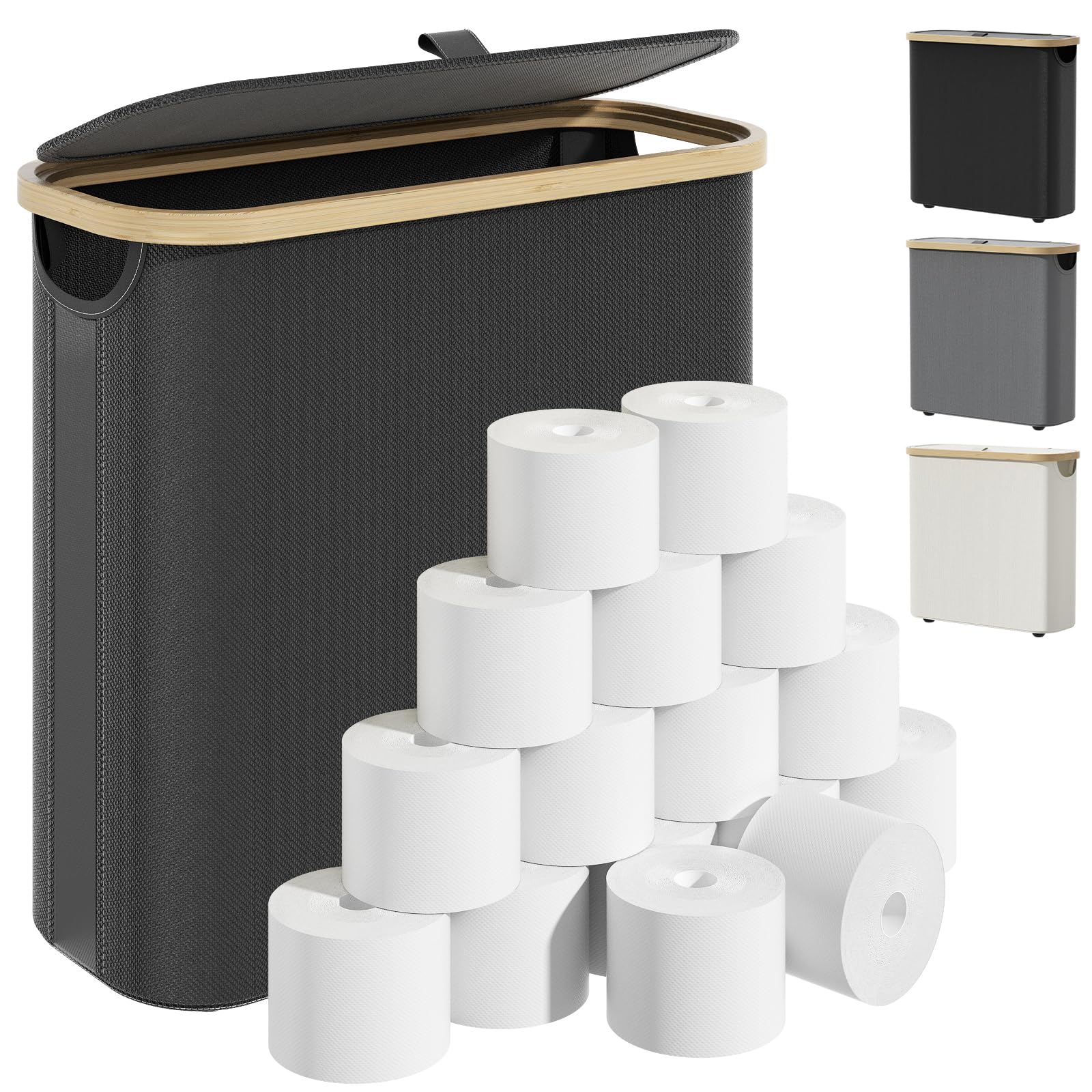 Toilet Paper Storage with Lid and Handle, 16 Roll Toilet Paper Basket Bathroom Standing Organizer, Folding Storage Bag with Foot Pad, Slim Holder Container for Rolling Tissue, Towel, Toys - Black
