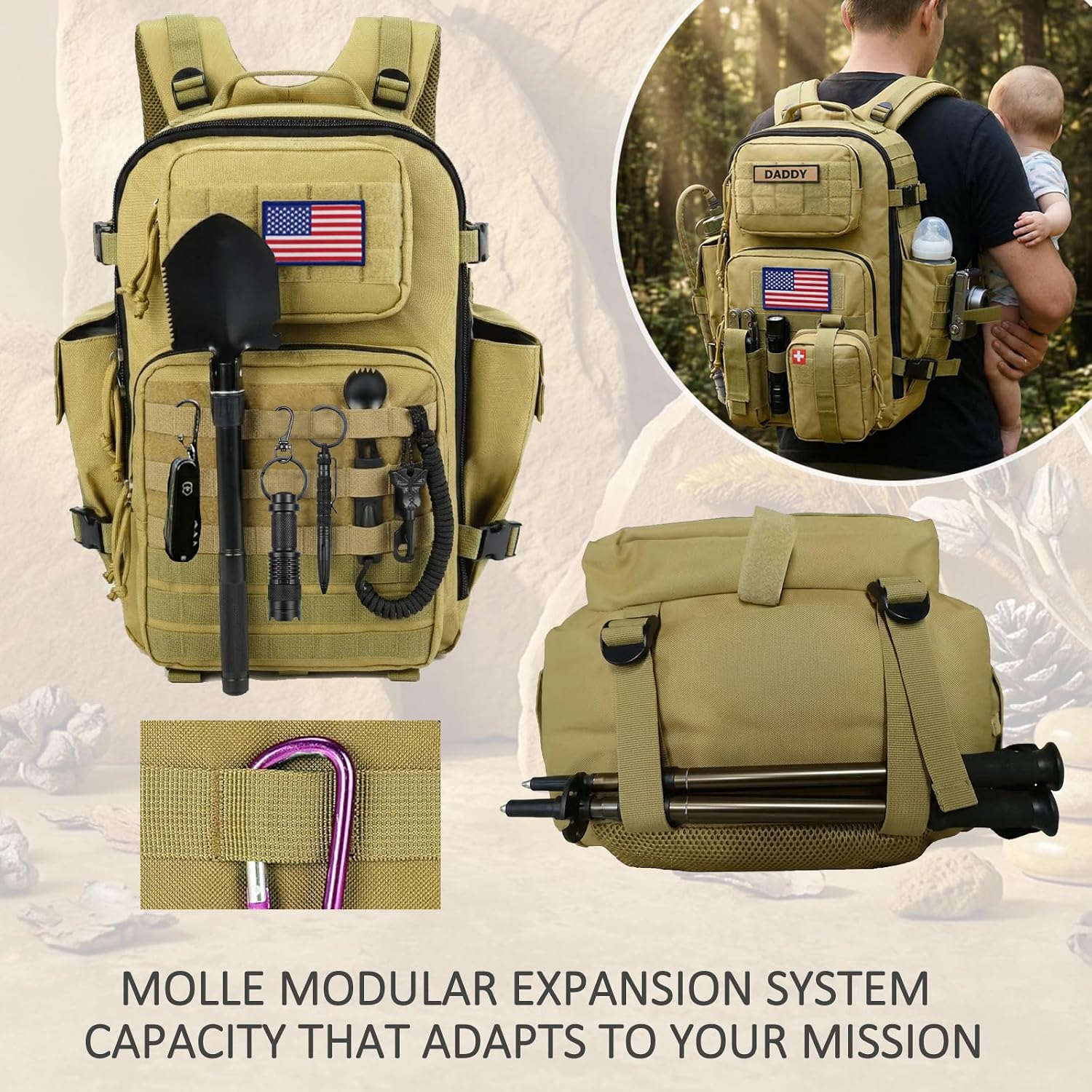 SHARKMOUTH Military Diaper Bag for Dad: 900D Polyester Ripstop 300% Tougher - 40L Large Capacity with Changing Mat for 72H Hiking/Camping Outdoor Activities - for Outdoor Enthusiast Dads (Tan)
