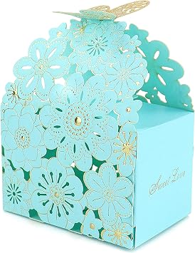 Kslong 50Pcs Flower Butterfly Hollow Candy Box Cookie Gift Boxes Romantic Wedding Favors Cute Chocolate Box for Wedding Bridal Birthday Party Supplies Blue, L