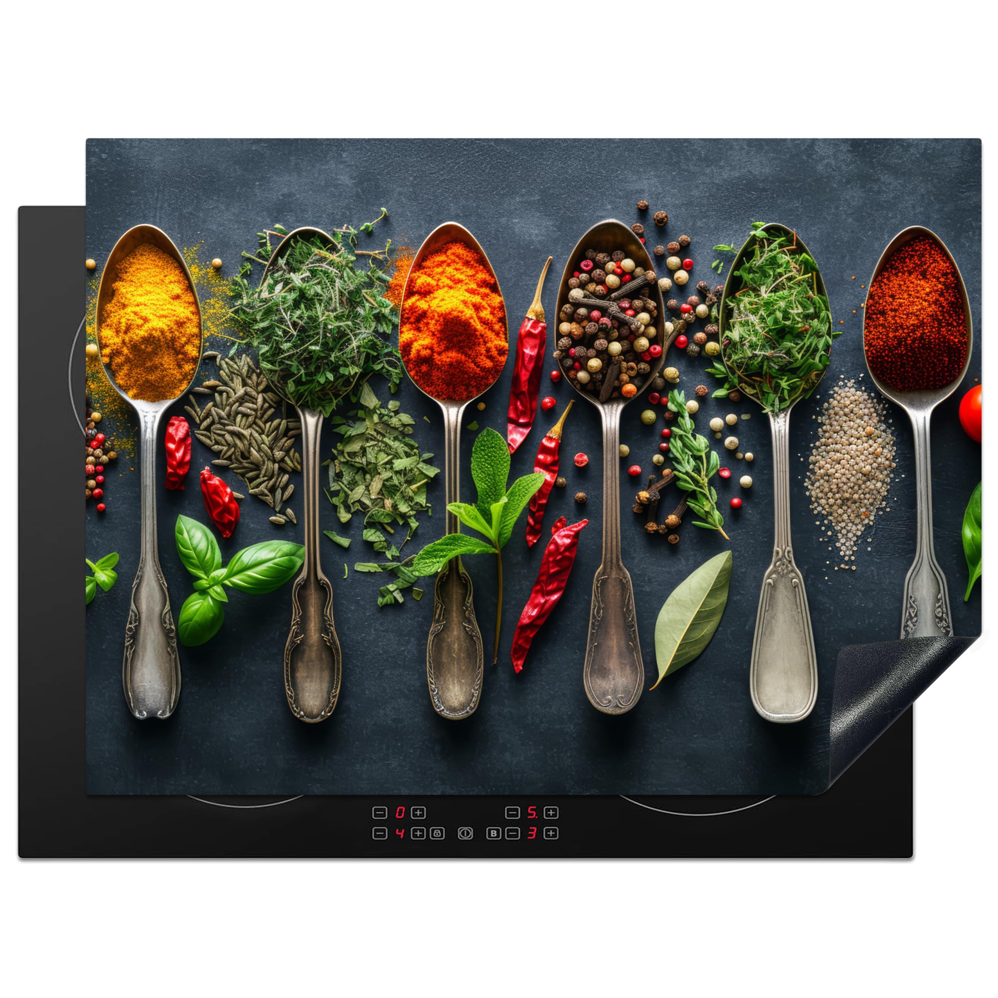KitchenYeah© Induction Hob Protector Mat 20.5"x27.6" / 70x52 cm Stove Cap Top Cover Kitchen Cooker Covers for Electric Hobs Vinyl Herbs - Spoons - Concrete - Pepper - Spices