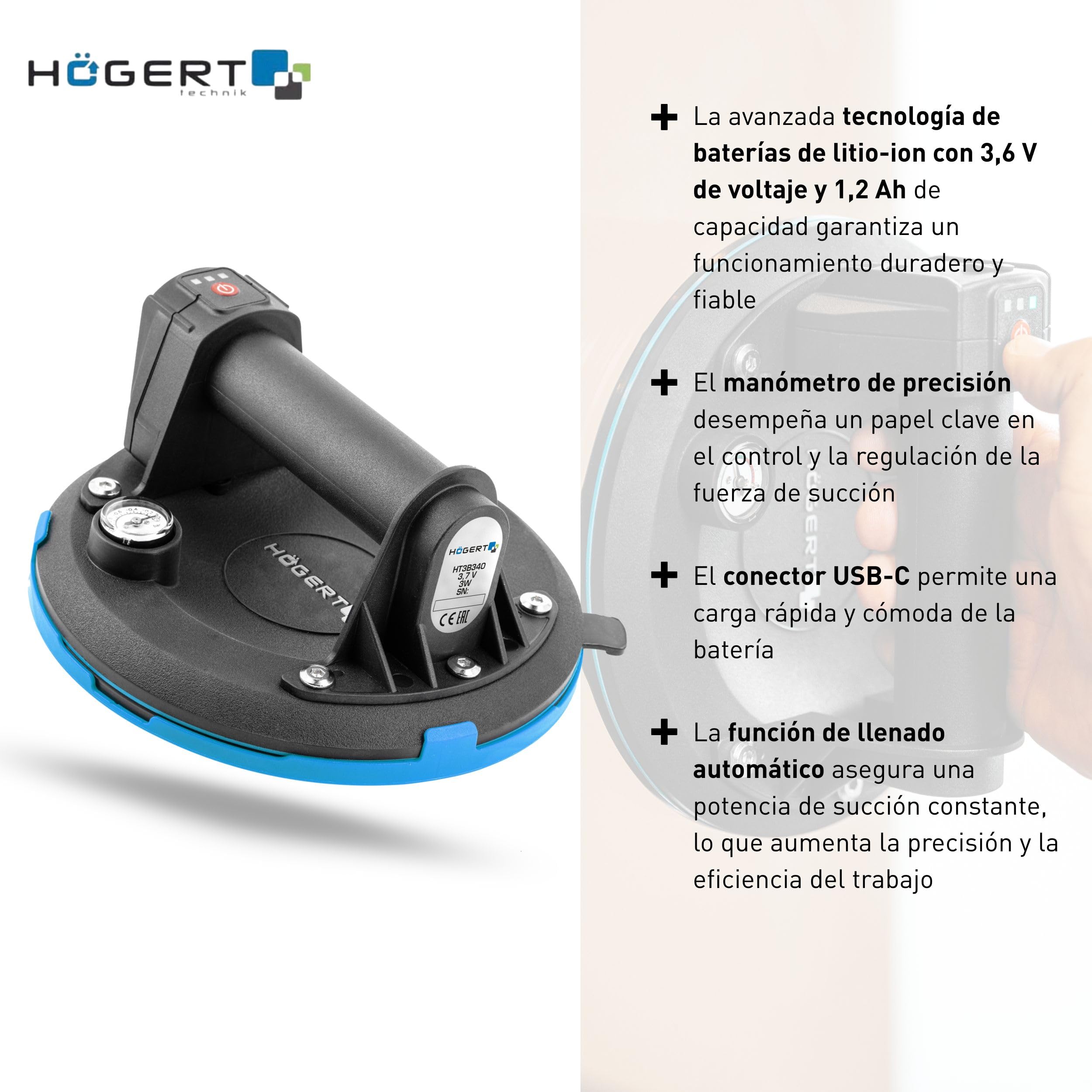 Högert Technik - Elevador de succión con batería de 200 mm con manómetro, aspirador de batería Heavy Duty Ventosa, carga: 150 kg, ventosa se utiliza al transportar cristales de ventana, objetos lisos