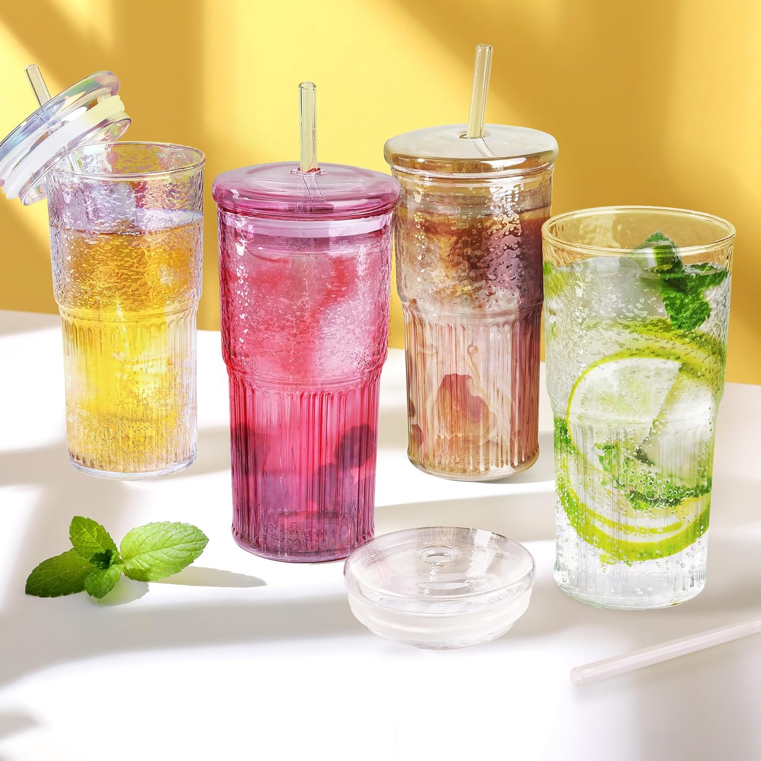 Joeyan 22 oz Pink Glass Tumbler with Straw and Lid for Iced Tea Coffee Smoothie Water Juice Beverages Soda,Ribbed Glasses Cups,Borosilicate Drinking Jar,Set of 2,Dishwasher Safe - Image 7