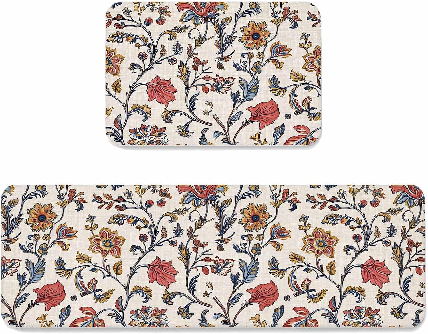Prime Leader Vintage Flowers Kitchen Mat Set 2 Pieces Farmhouse Indian Floral Red Yellow Flower Non Slip Kitchen Rugs Washable Runner Rug Mats for Sink Laundry (23.6" x 35.4"+23.6" x 70.9")