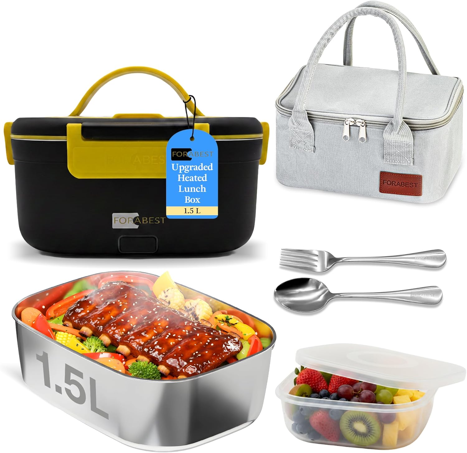 FORABEST Heated Lunch Box - 80W Electric Lunch Box - Portable Food Warmer - 1.5L Stainless Steel Container, Utensils & Carry Bag, On/Off Switch, 12V/24V Car/Truck & 110/220V Home/Office, Black Yellow