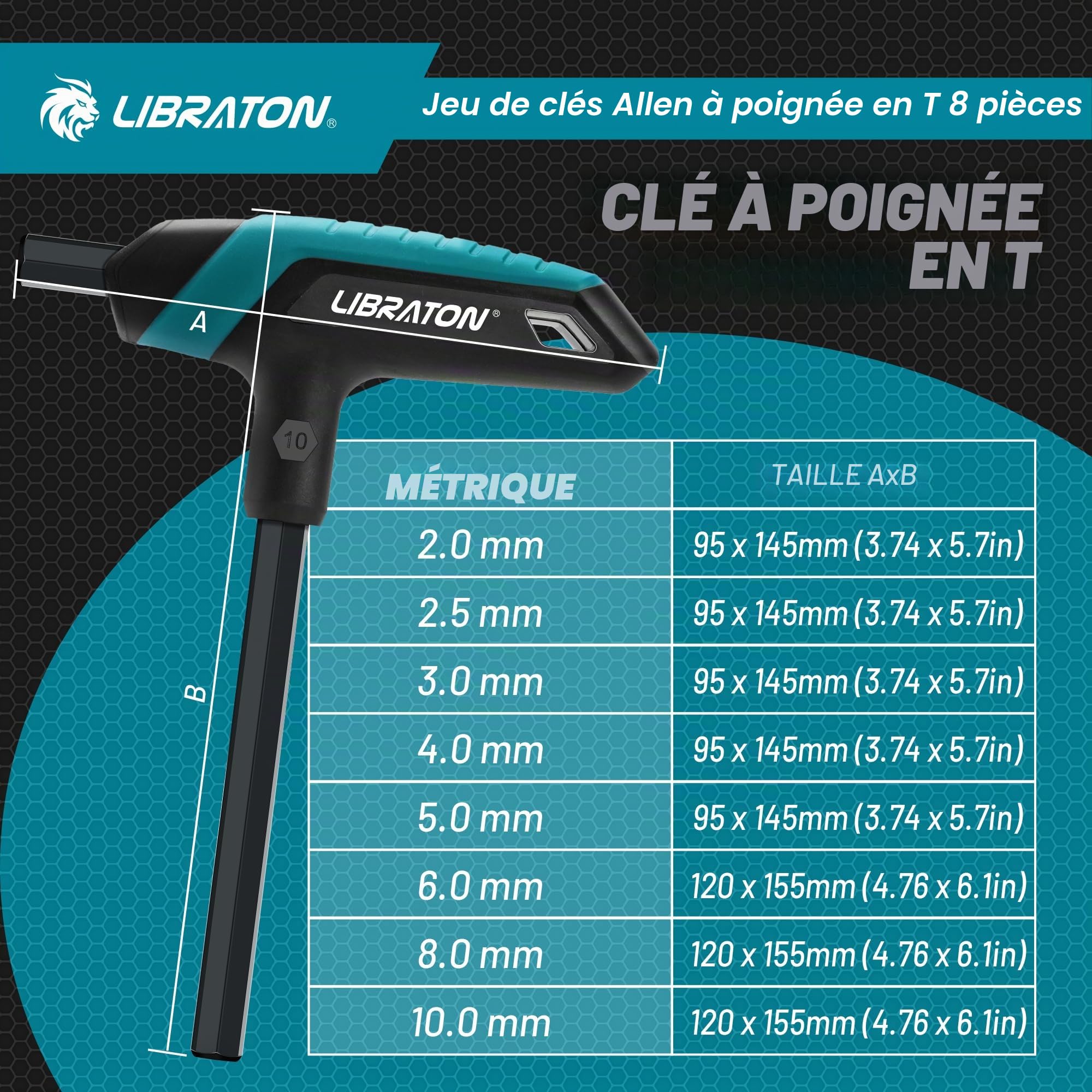LIBRATON Jeu de Clés Allen à Poignée en T, Jeu de Clés Hexagonales Métriques, Clés Hexagonales à Poignée en T de 2 à 10 mm pour la Réparation de Vélo, 8 Pièces avec Support de Rangement