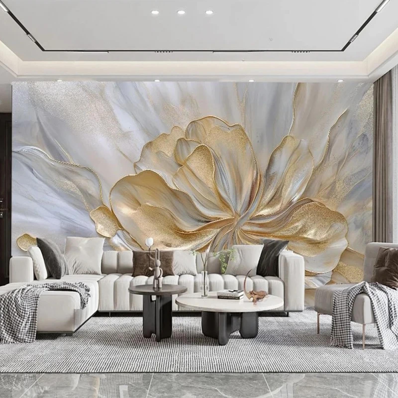 Fresques papier peint 3D haut de gamme et décoration murale fleur dorée pour chambre
