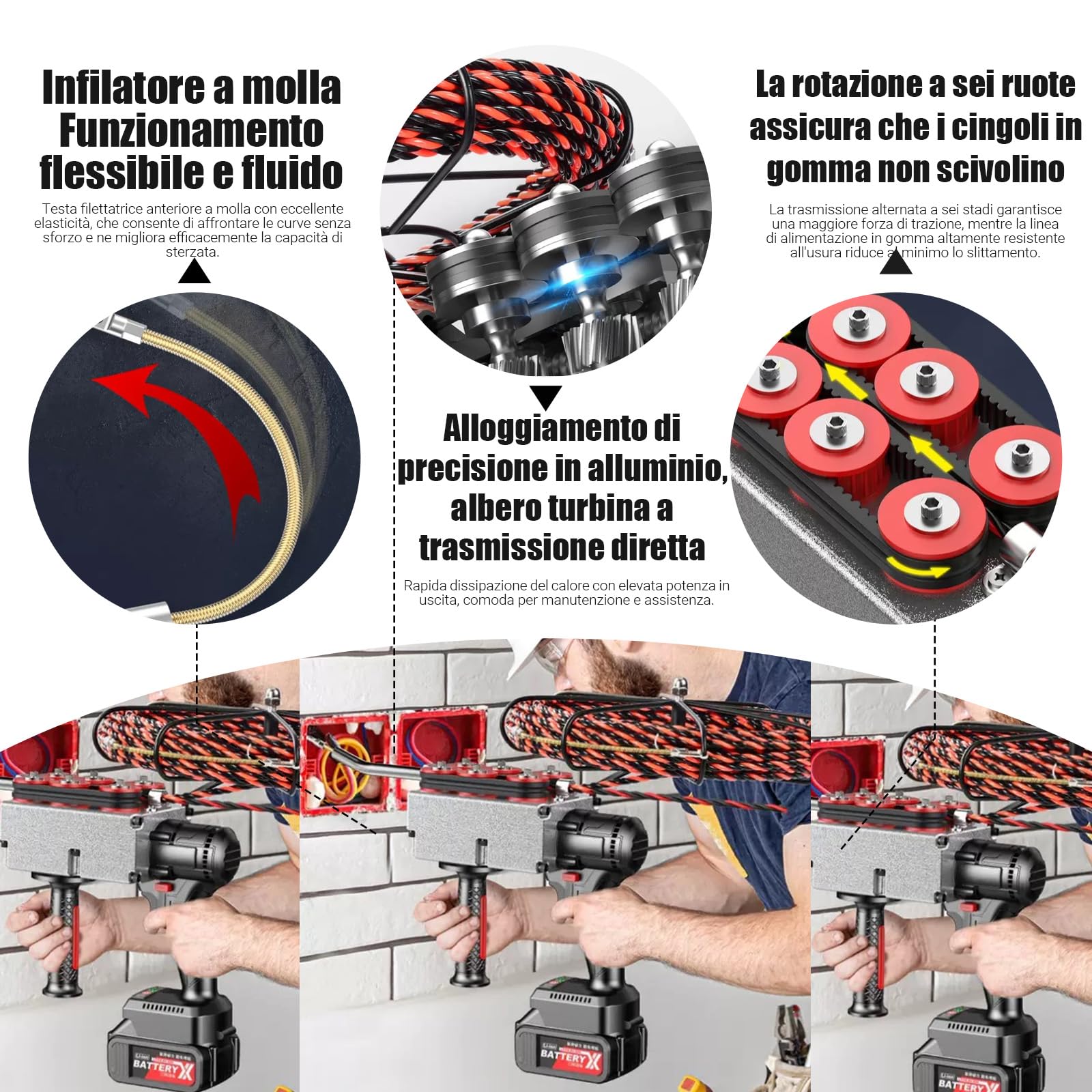 Estrattore per Cavi elettrici, Macchina per tesare Cavi Automatica, Tiracavi elettrici Attraverso Il Muro, Macchina per Cablaggio a Parete, da 40 m/min con Batteria al Litio 37500mah*2 30m