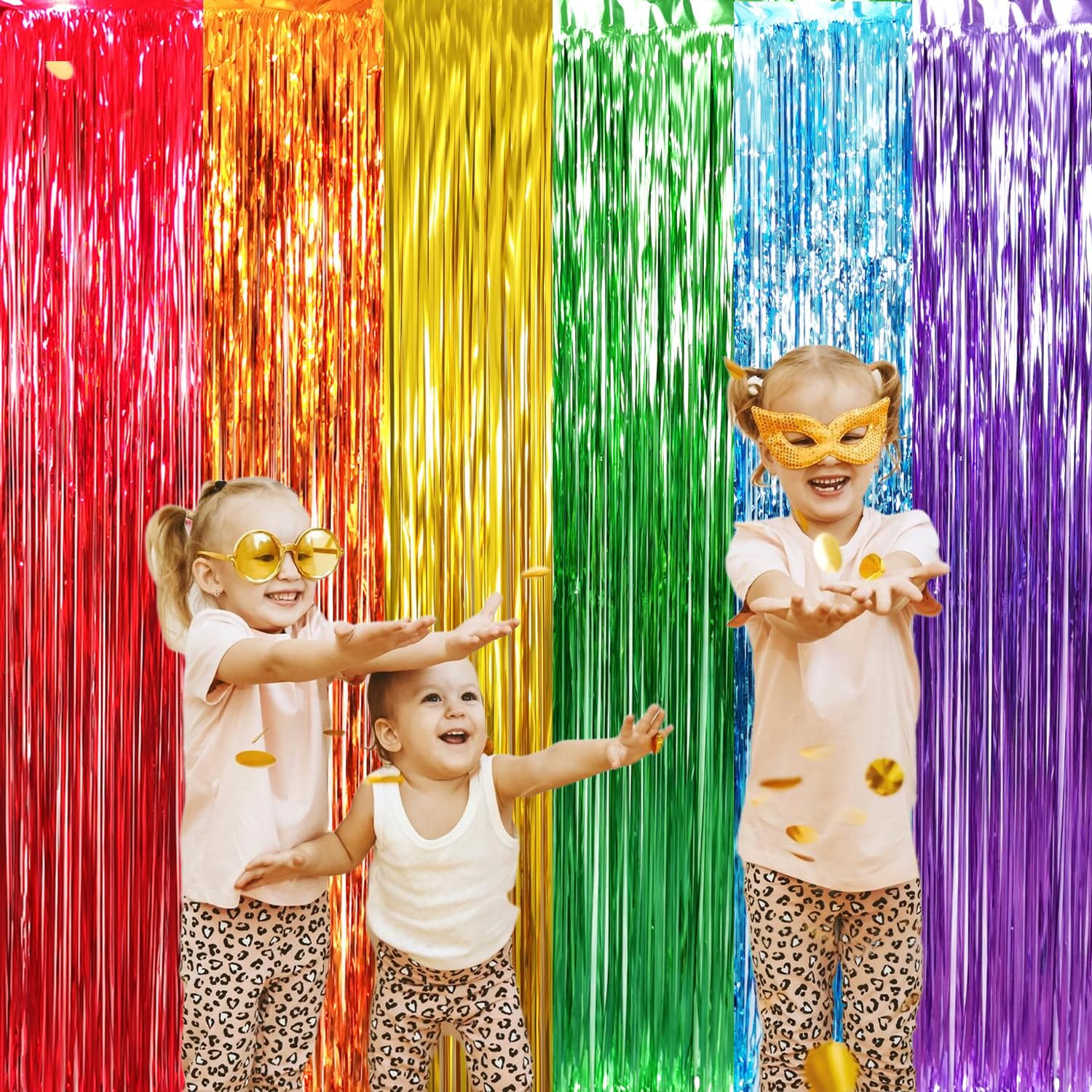 GOER 6.5 ft x 8.2 ft Metallic Tinsel Foil Fringe Curtains,Pack of 2 Party Streamer Backdrop for Birthday,Graduation Decorations and New Year Eve (Rainbow Colors) 2 Rainbow image 3 of 7 B0B2PCQYY4