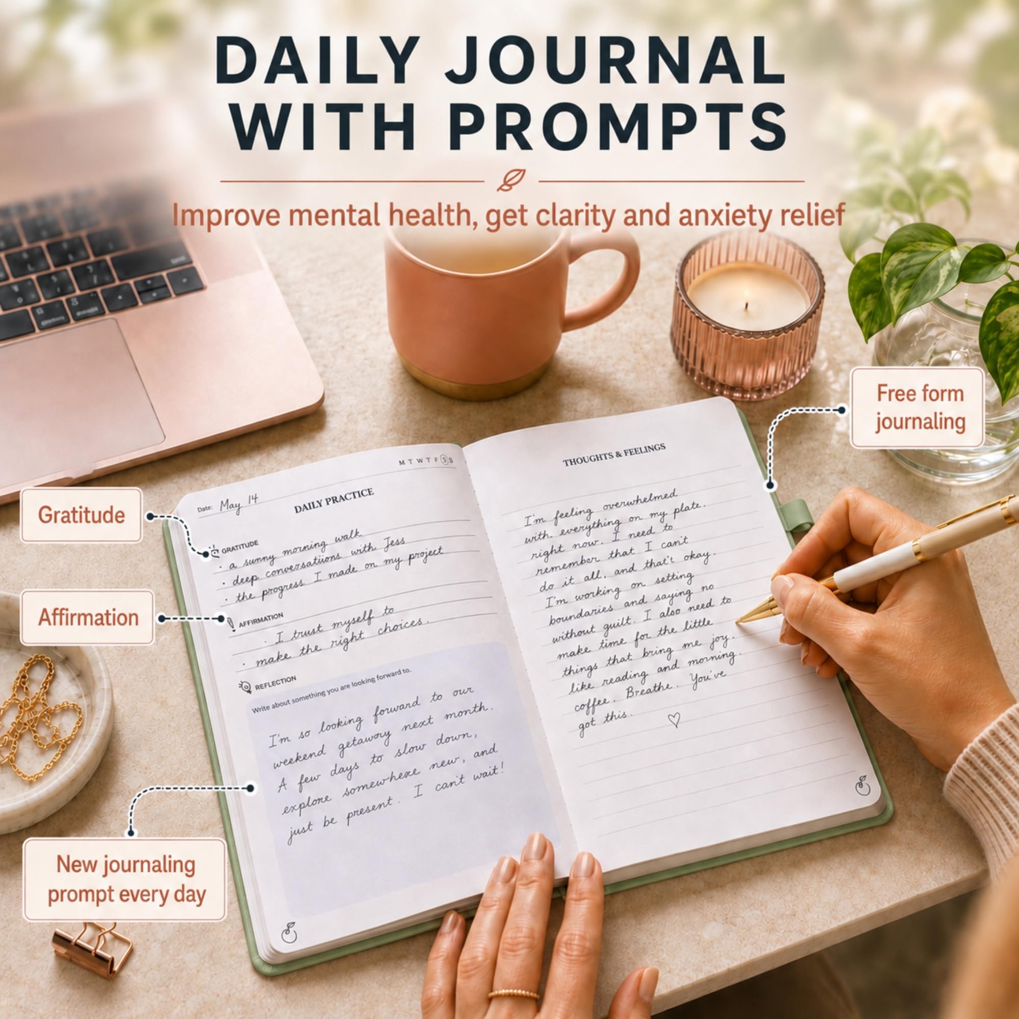 Life & Apples Diario de salud mental para mujeres y hombres, diario de ansiedad guiado con indicaciones, rastreador de estado de ánimo, diario de terapia CBT para cuidado personal y alivio del estrés