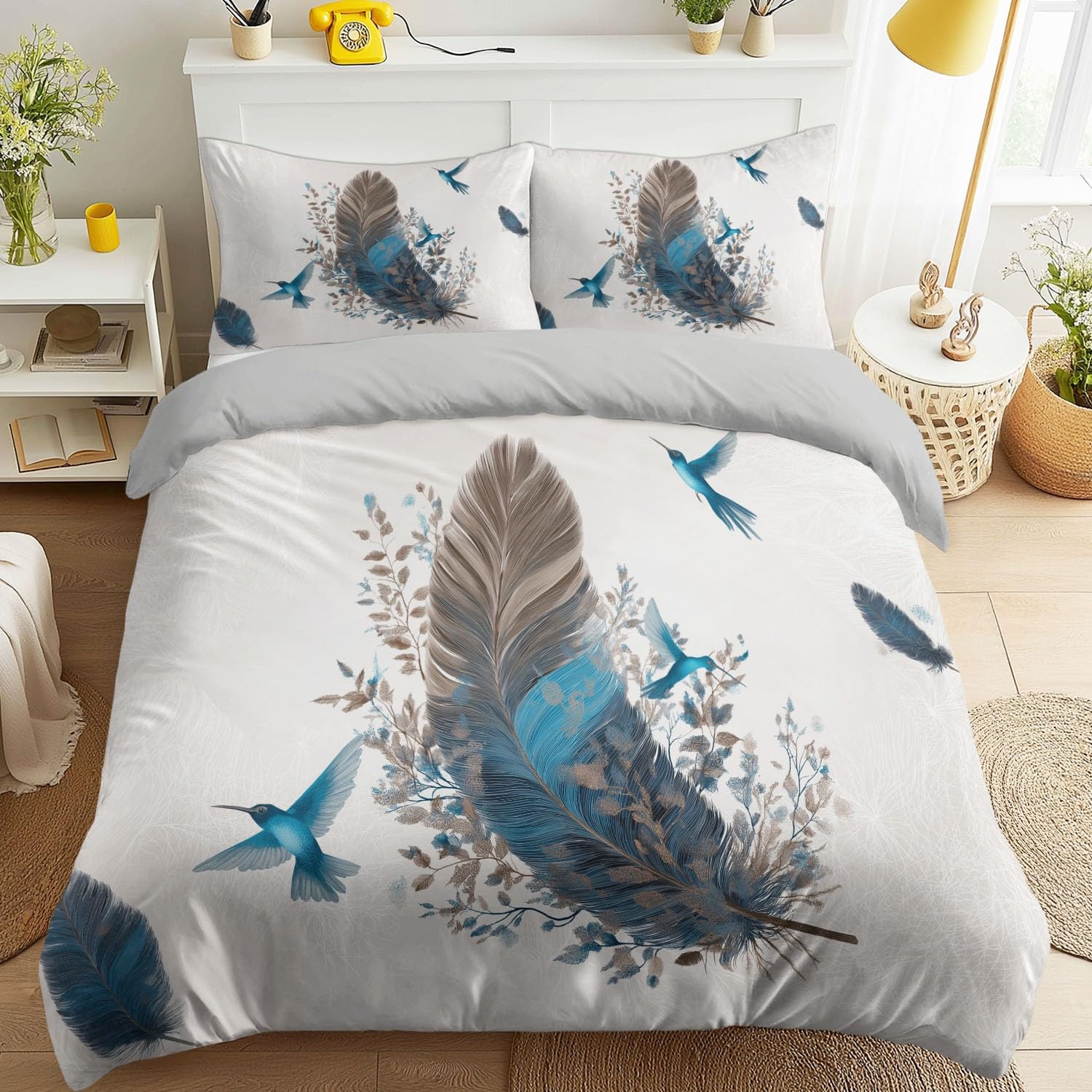 Housse de couette 220x230 microfibre douce toutes saisons motif colibris