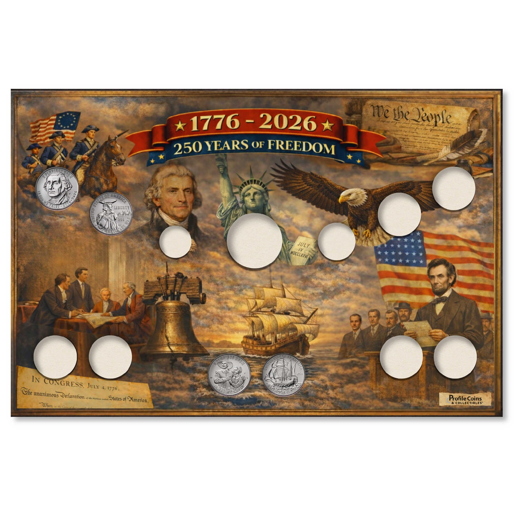 1776-2026 American 250th Anniversary Semiquincentennial Collectible Coin Display Board with Mayflower & Revolutionary Quarters