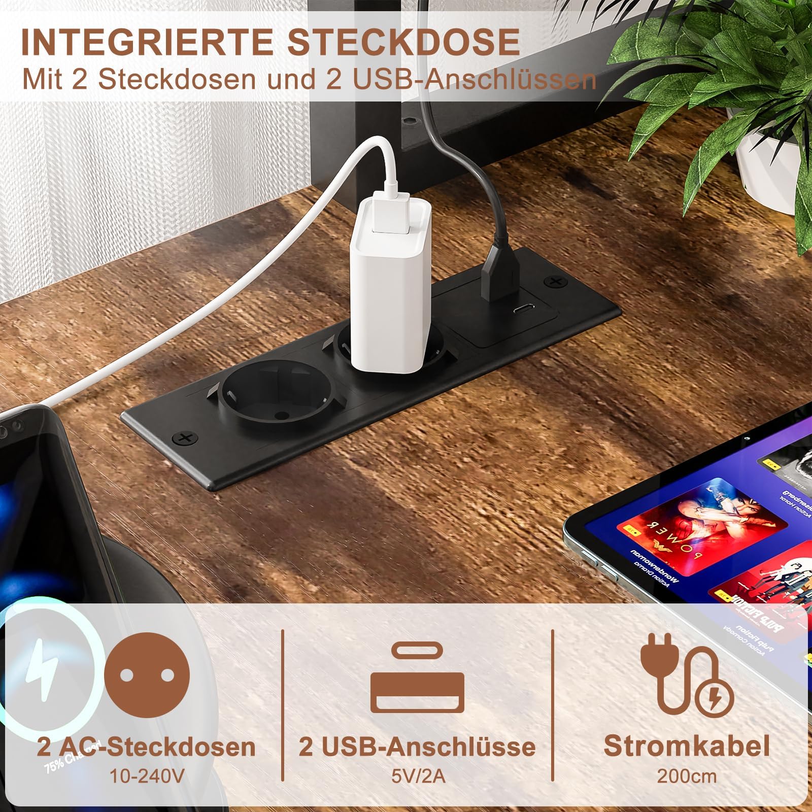 iSunirm Scrivania Gaming con Supporto per Monitor e Ripiano di Stoccaggio,Scrivania Computer con 2 Prese e 2 Porte USB,Scrivanie Moderne per Ufficio e Studio,100x50x75cm,Grigio