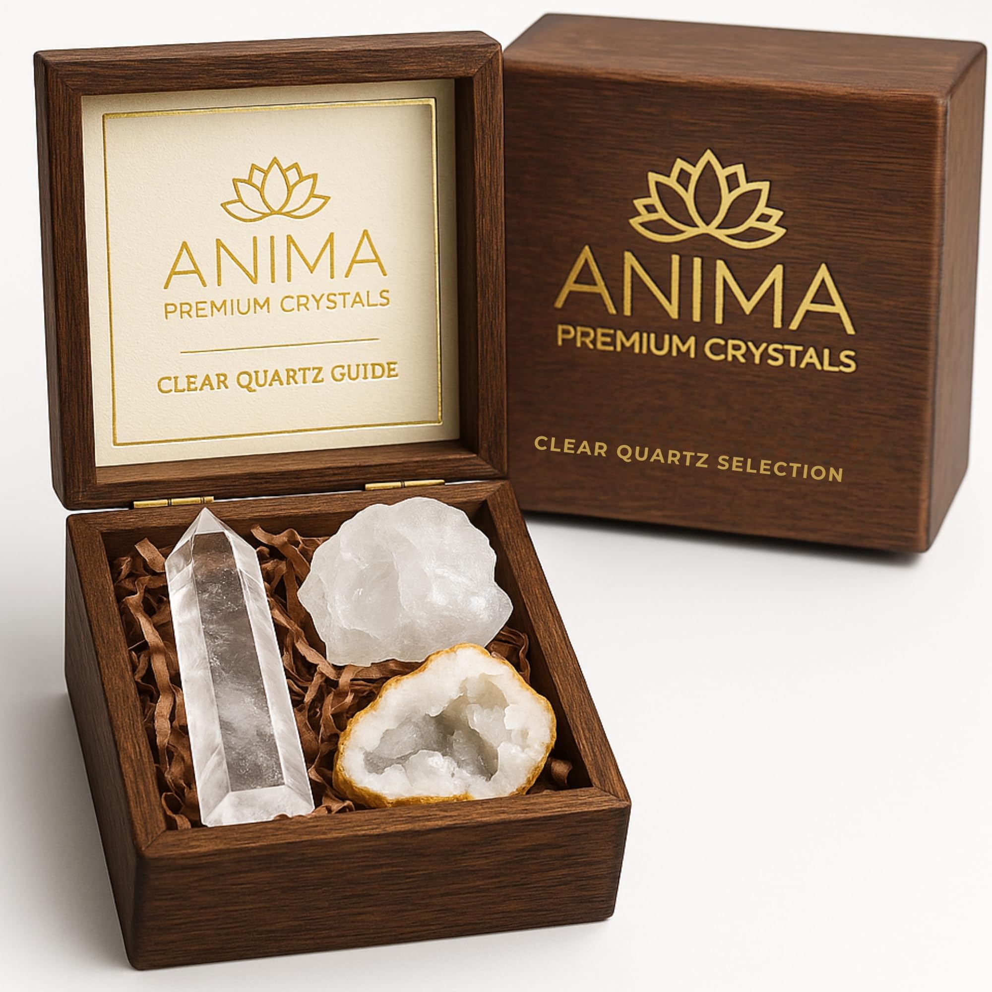 Anima Premium Bergkristall Set – Turm, Rohstein & Cluster in Eleganter Holzbox – Energieverstärker für Klarheit, Fokus & Heilung – Geschenk für Spirituelle Frauen mit Exklusiver Infokarte