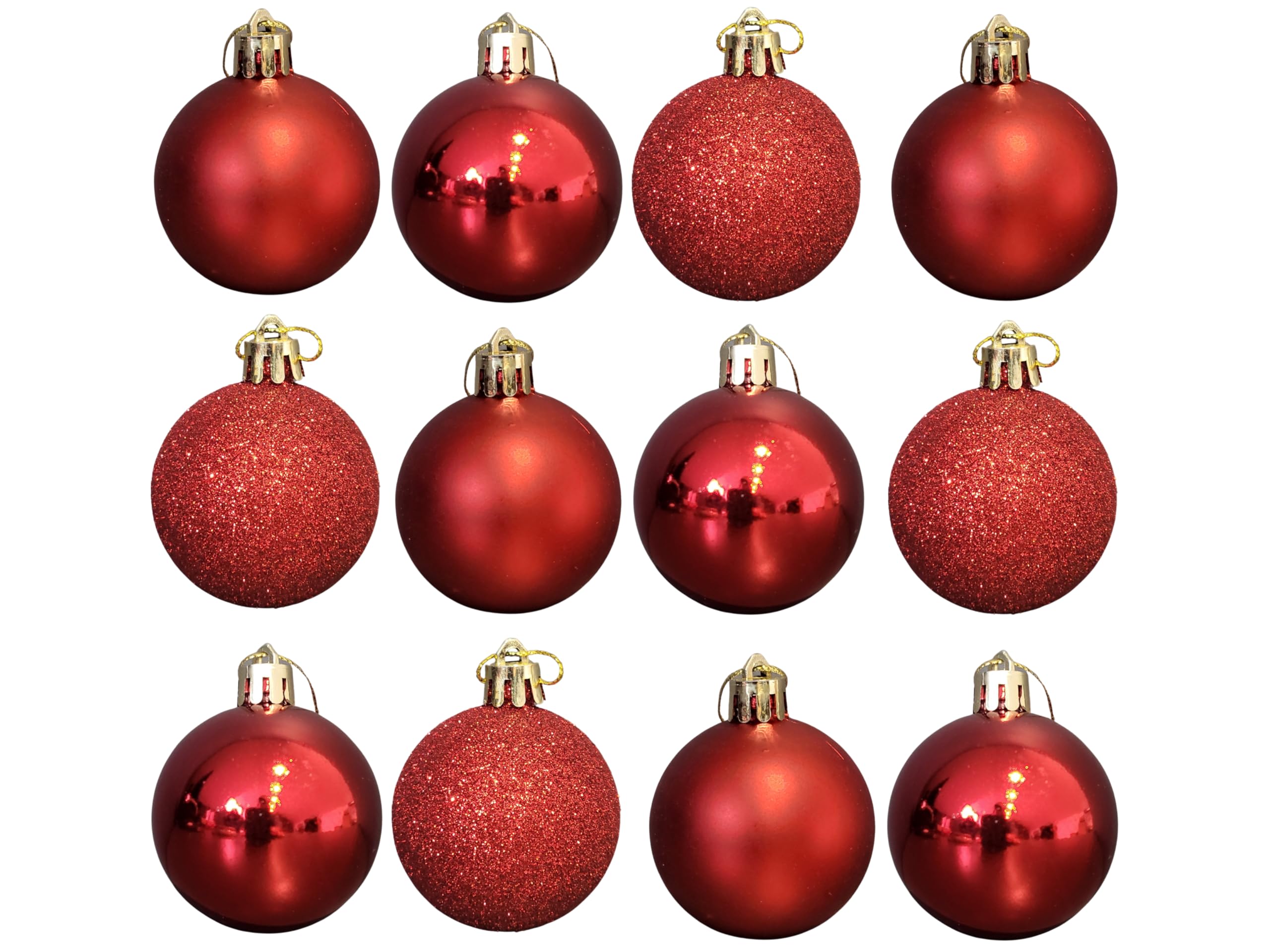 Assorted Red Baubles 12 Pack | 5cm Diameter | Christmas Tree Decorations | Red, Glittery Christmas Baubles