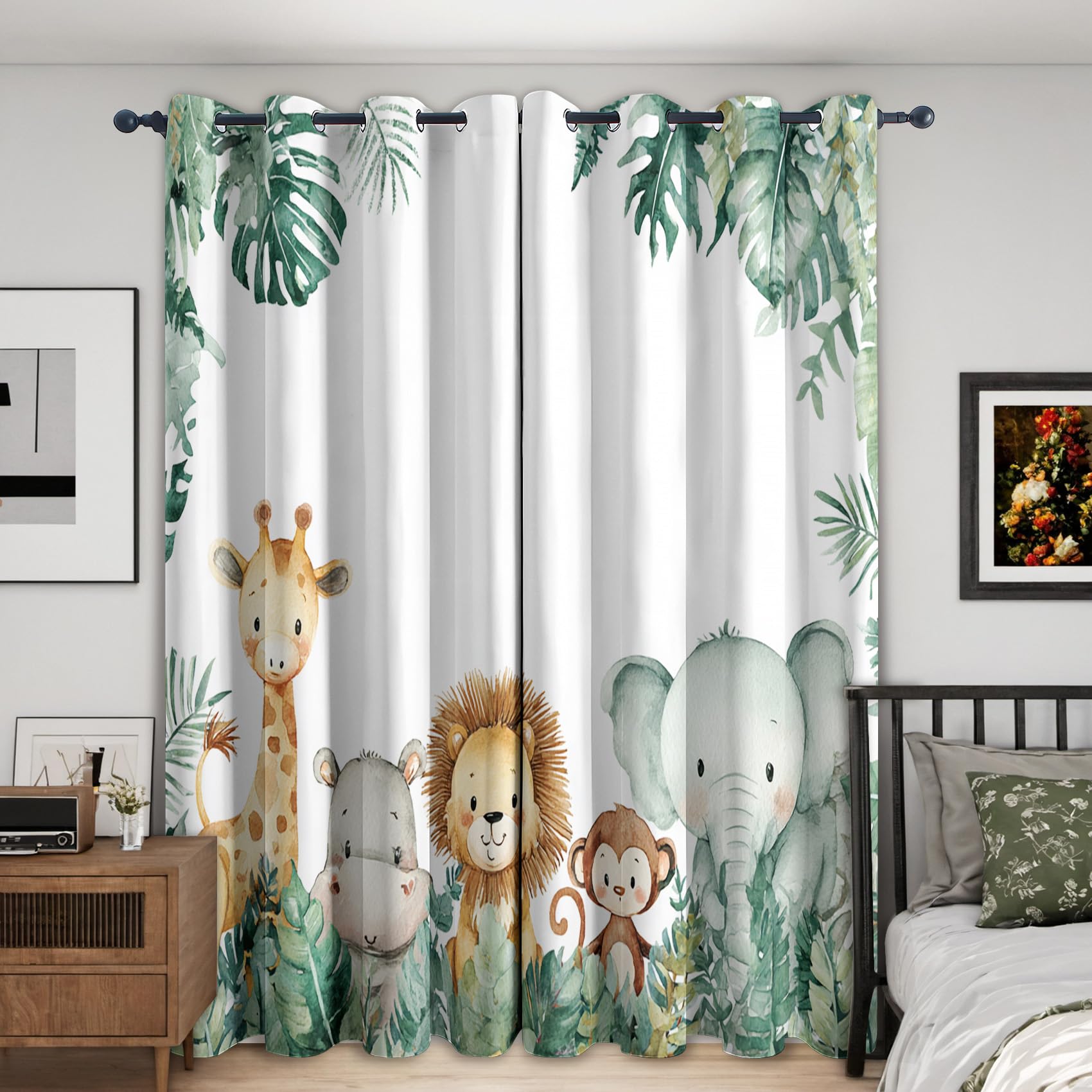 Kids Jungle Animal Blackout Curtains, 54 Drop, Cute Lion Elephant Giraffe Hippo Printed Curtains for Living Room, Bedroom, Eyelet Drapes for Window Home Decor, 46x54 Inch 2 Panels (N-342)