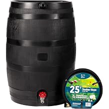 RTS Home Accents 50-Gallon ECO Rain Barrel Made with 100% Recycled Plastic, Flat Back Rain Water Collection Barrel, Soaker Hose Included, Black