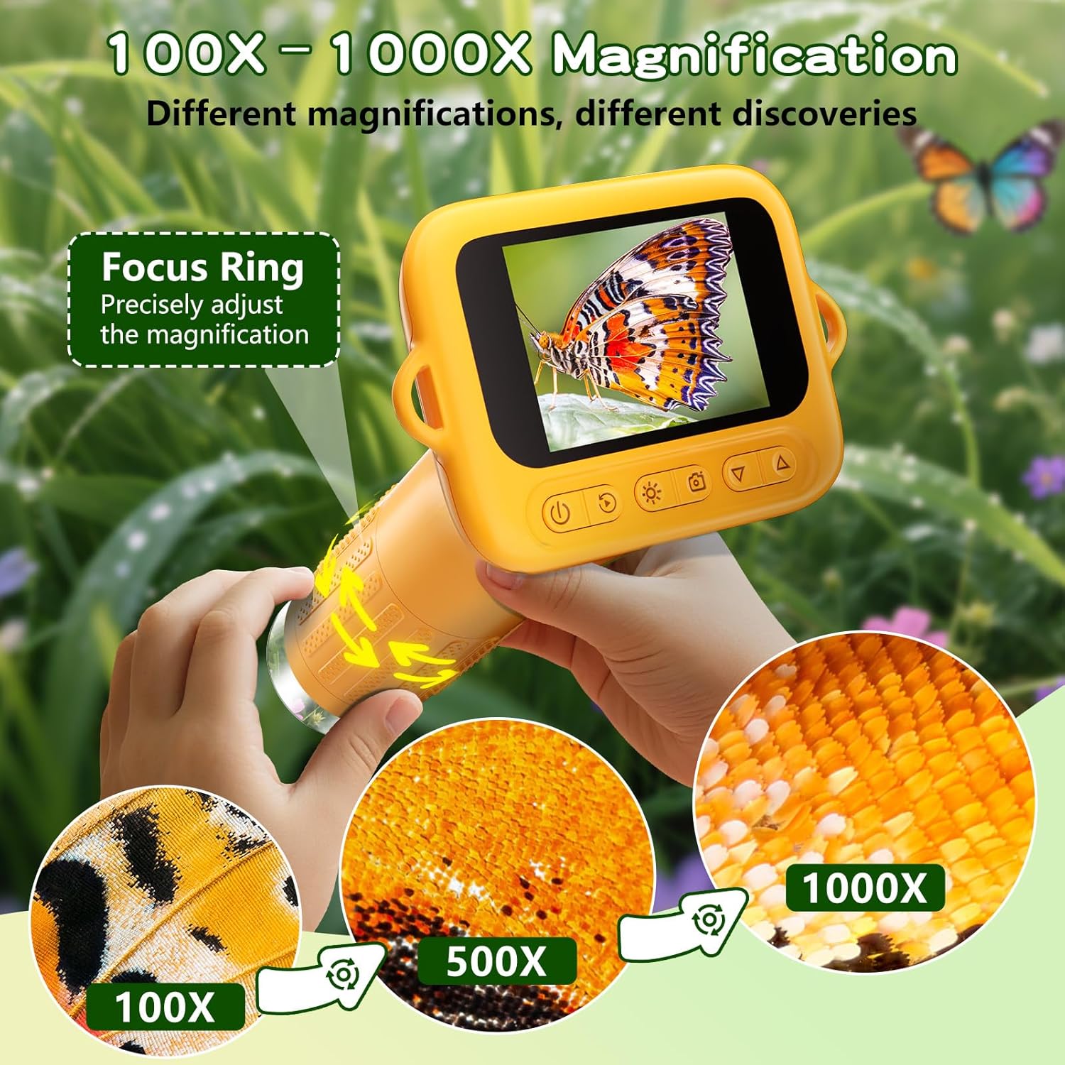 Microscope for Kids with 12 Slides, 1000x Digital Handheld Kids Microscope, Mini Portable Pocket Miniscope Science Toys Birthday Gifts for 3+ 4 5 6 7 8 9 10 11 12 Year Old Boys Girls, Orange