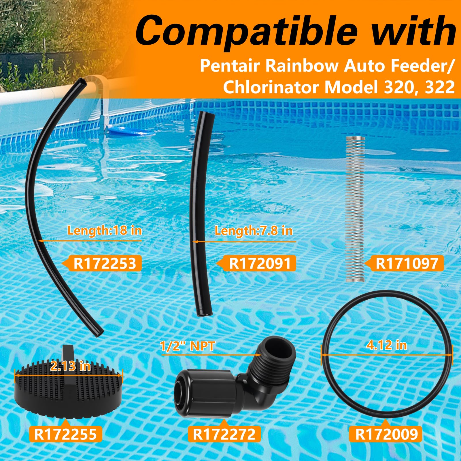 Pièces de chlorinateur de piscine, connecteur de tube NPT 1/2", tube OD de 5/8", écran et joints toriques compatibles avec Pentair Rainbow Auto Feeder/Chlorinator 320 322 Replace#: R172272