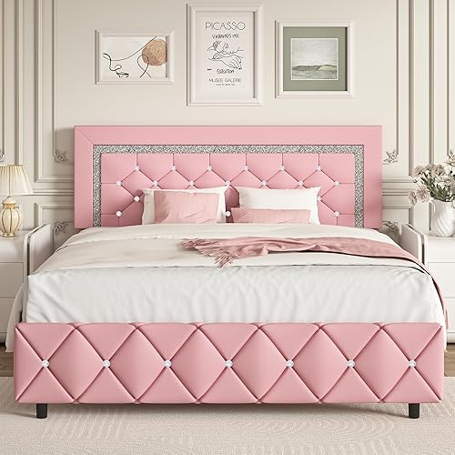 Full Size Bed Frame, Upholstered Platform Bed with Button Tufted Headboard, Princess Bed Frame with Diamond Design, No Box Spring Required, Easy Assembly, Pink