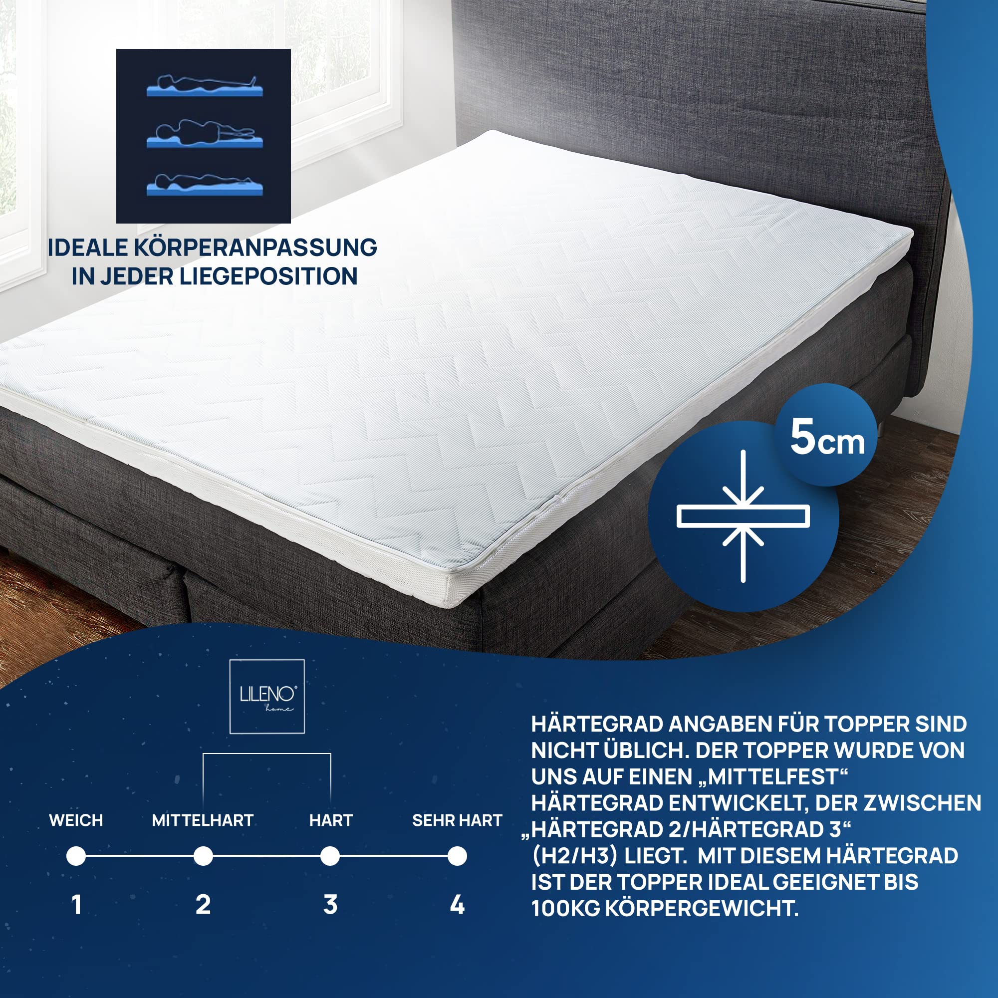 LILENO HOME Matratzentopper 90x200 cm - viscoelastischer Matratzen Topper aus Memory Foam (Dicke 5 cm) geeignet für Kaltschaum Matratzen und Boxspringbett - TopCool® 90x200 Matratzenauflage