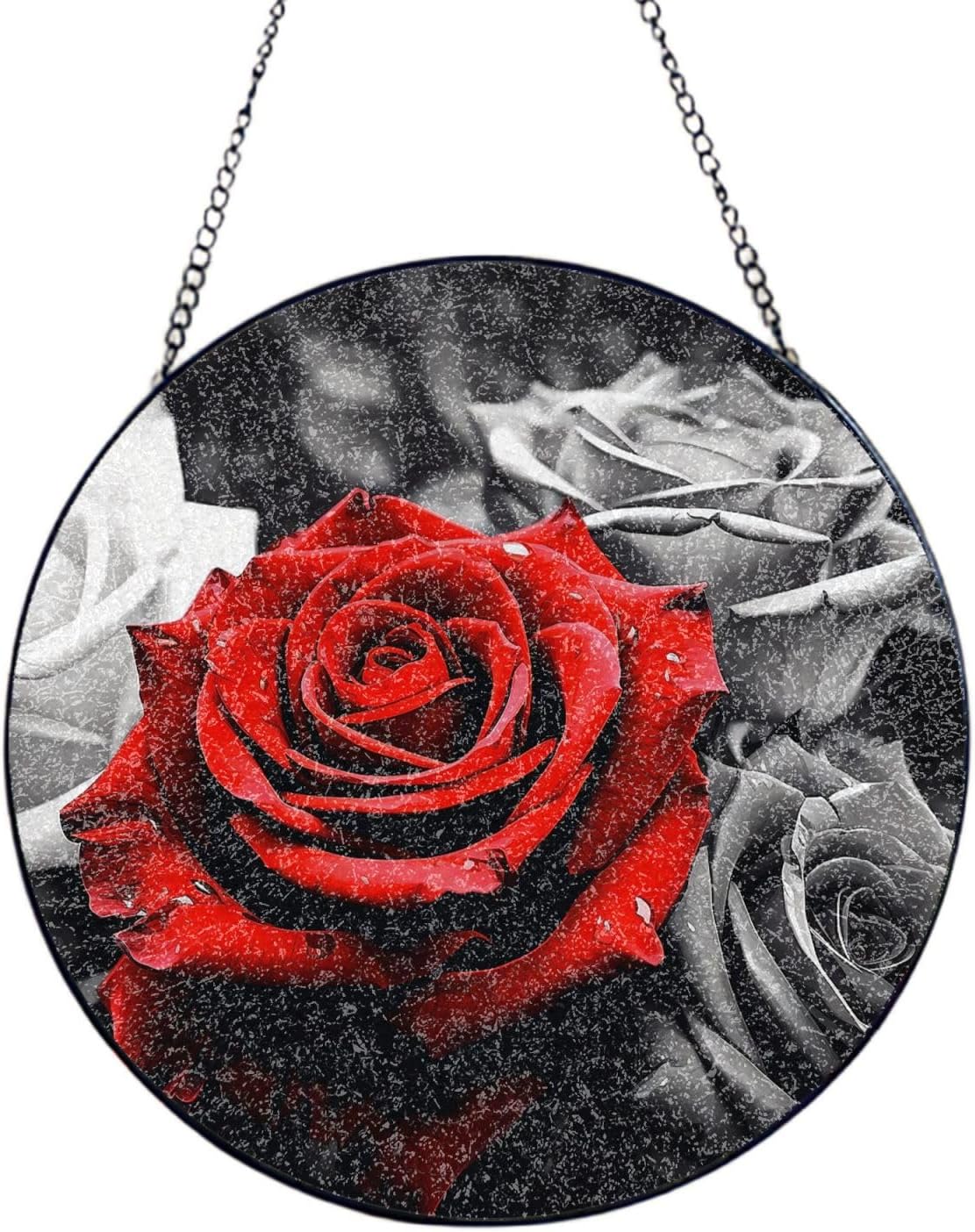 Stained Glass Window Hanging 6in（15cm）, Black White and Red Roses Glass Suncatcher for Home Decor, Indoor Wall Art Glass Panel with Metal Chain and Hooks, Sun Catcher Ornament Birthday Gifts