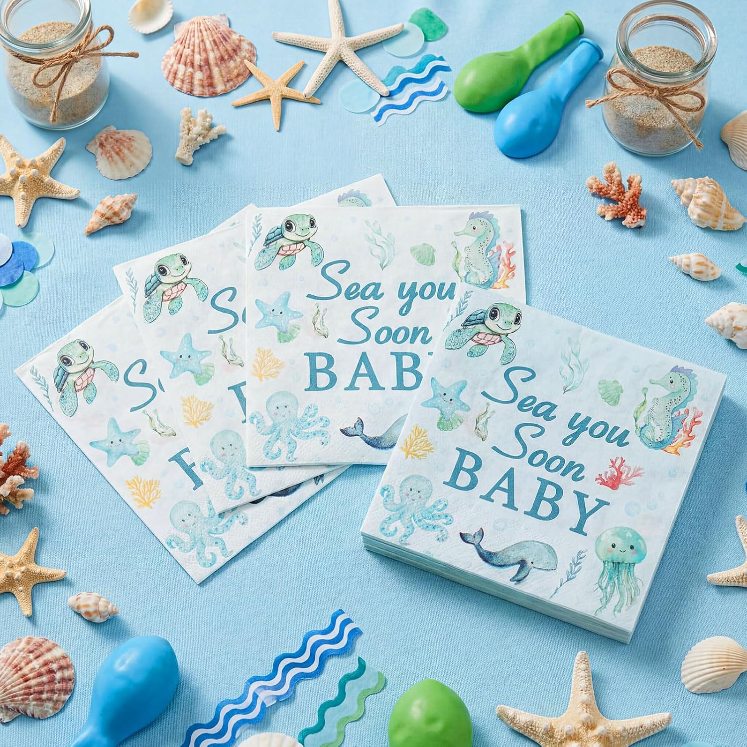 Gueevin 50 Pcs Sea You Soon Baby Shower Party Napkins Supplies 6.5 x 6.5 In Folded 3 Ply Disposable Ocean Theme Baby Shower Napkins for Under The Sea Tartan Plaid Gender Reveal Party Supplies