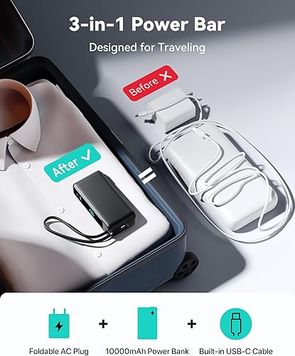 Miniatura 2 de INIU Cargador portátil 3 en 1, banco de energía de carga rápida de 10000 mAh 30 W, cable USB C integrado y enchufe de CA plegable, paquete de