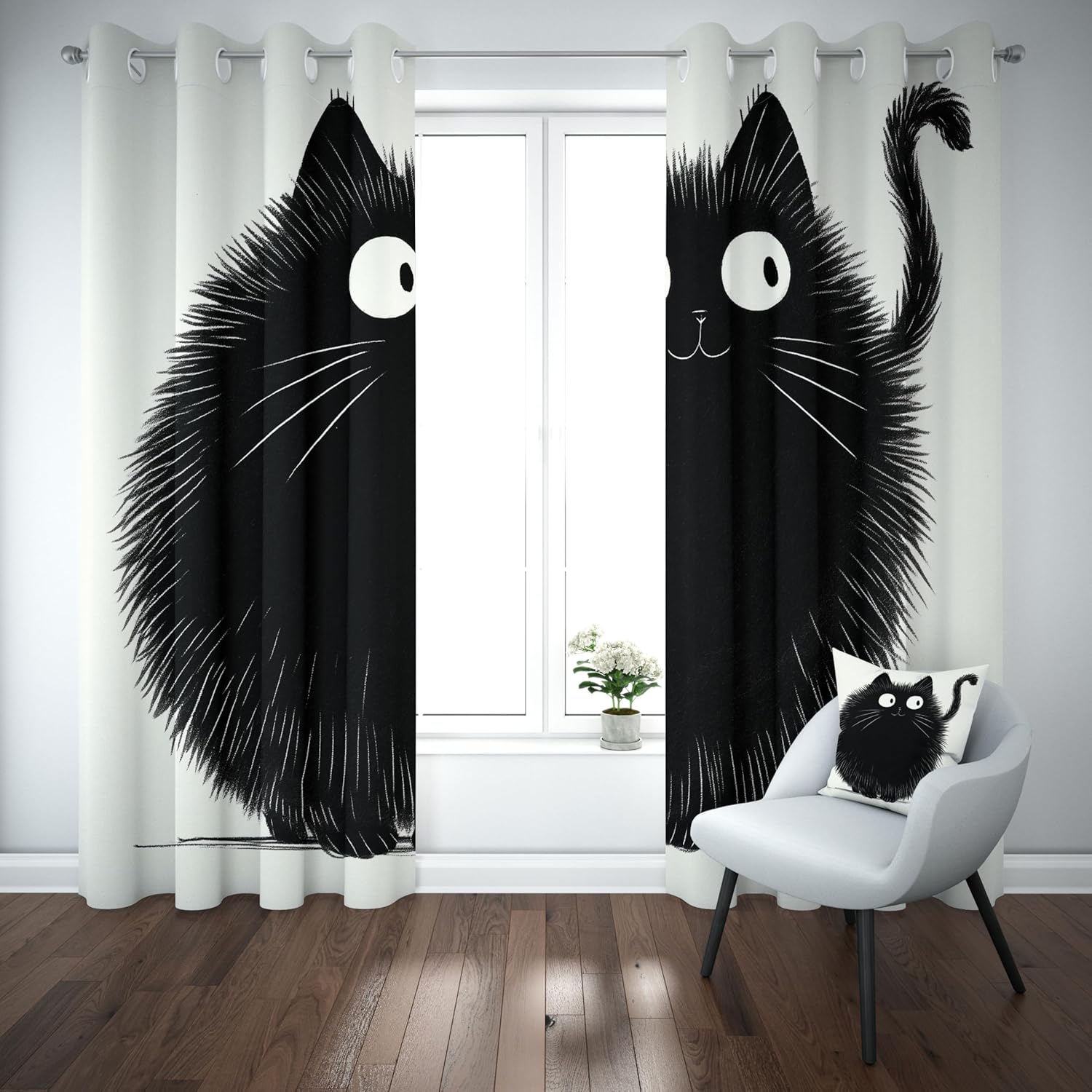 Cartoon Cat Blackout Curtains for Bedroom, Black Animals Drapes Thermal Insulated, Cute Pet Cat Curtain, Home Decor Blackout Grommet Curtains 38x45 inch 2 Panel Set
