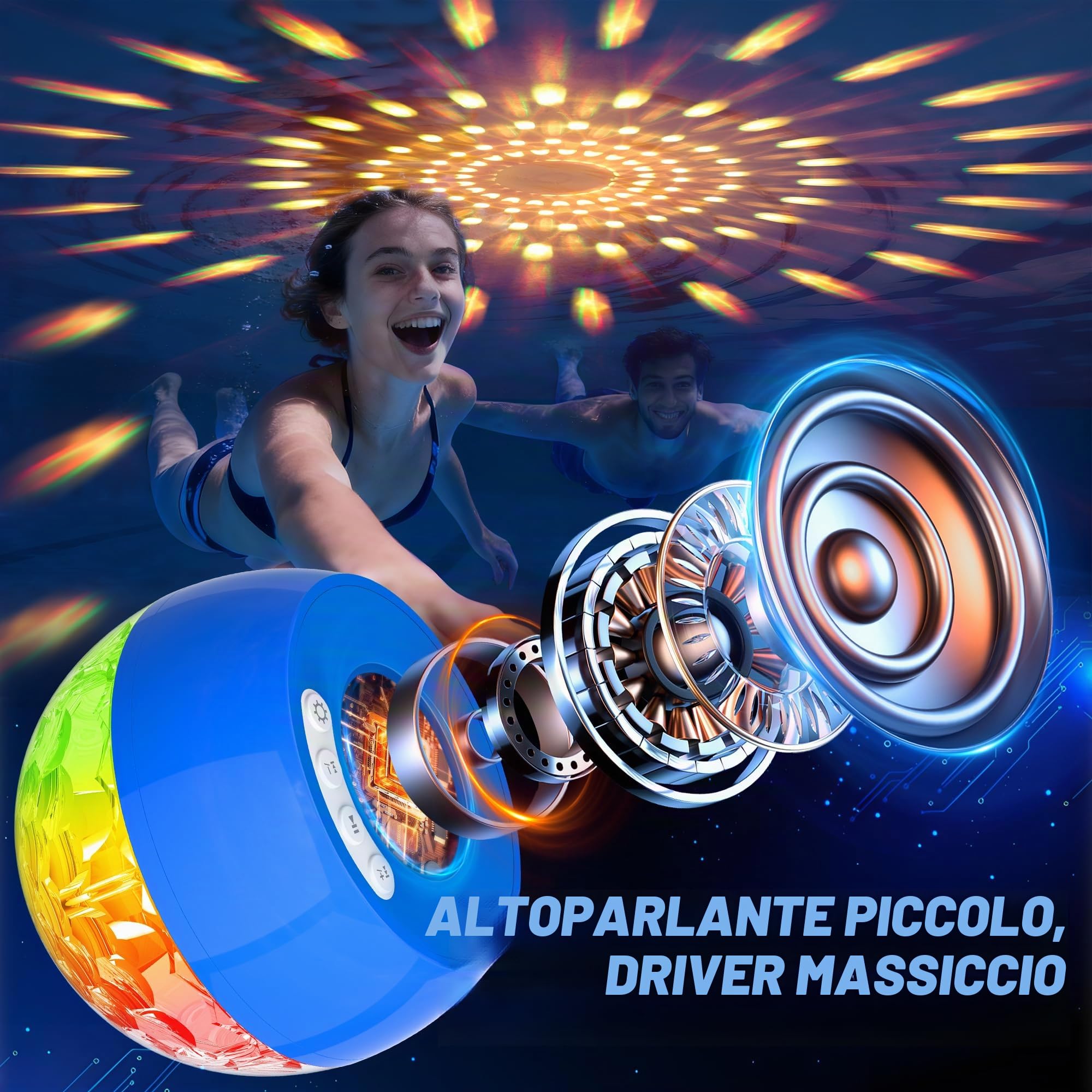 KingSom Altoparlante per Piscina con Luminosa,Altoparlante Bluetooth Piscina,Cassa Bluetooth Impermeabile IP68 Altoparlante Bluetooth Galleggiante,Audio stereo,BT5.4,Cassa Bluetooth Doccia