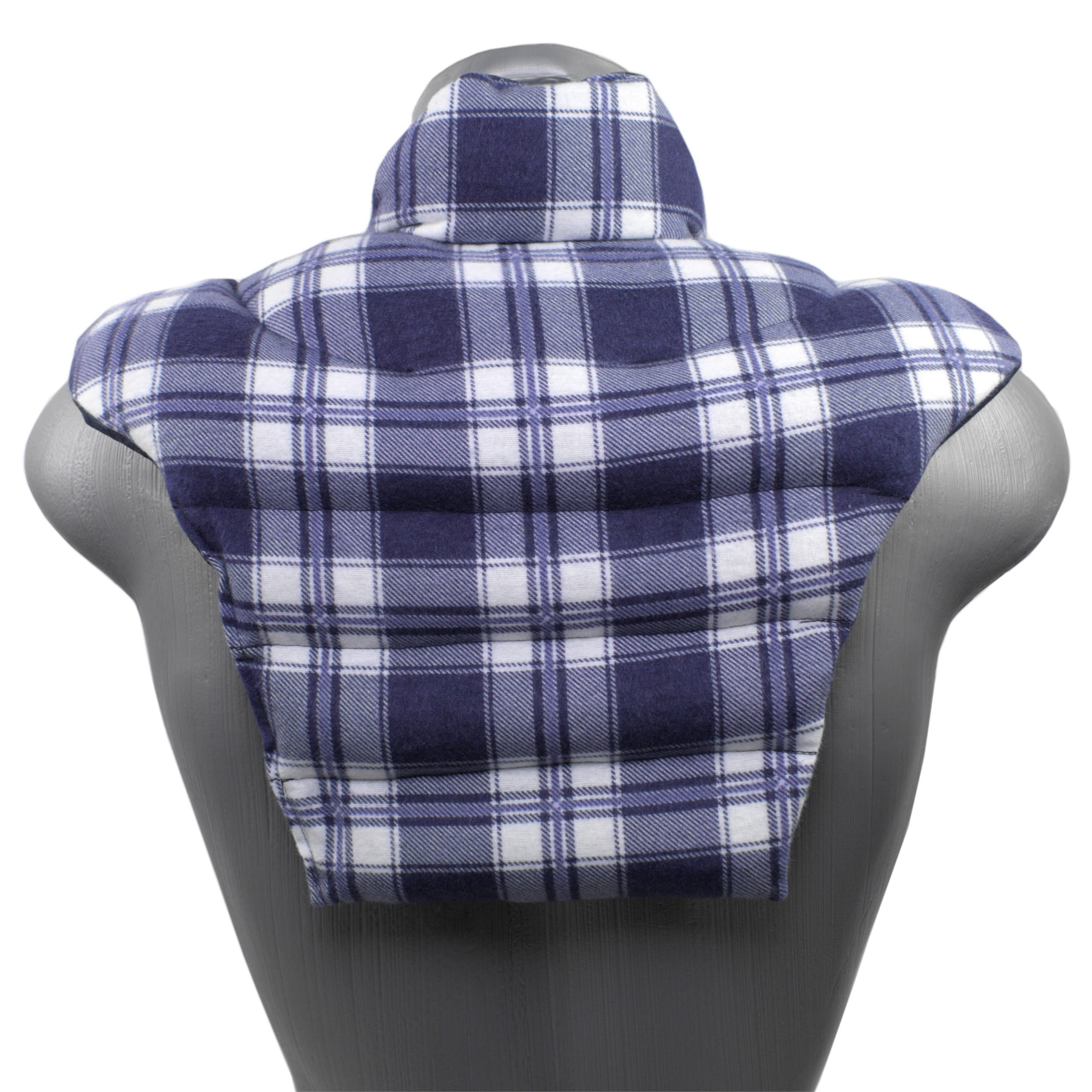 Tour de cou pour vertèbres cerivicales avec col montant et partie dorsale - écossais bleu flanelle - Coussin thermique 2 en 1 untilisable à chaud ou à froid - grains d'épeautre
