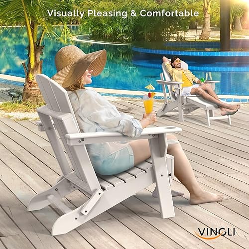Miniatura 2 de VINGLI Juego de 2 sillas plegables Adirondack con otomana, silla impermeable de plástico HDPE para exteriores con reposapiés ocultos, asientos