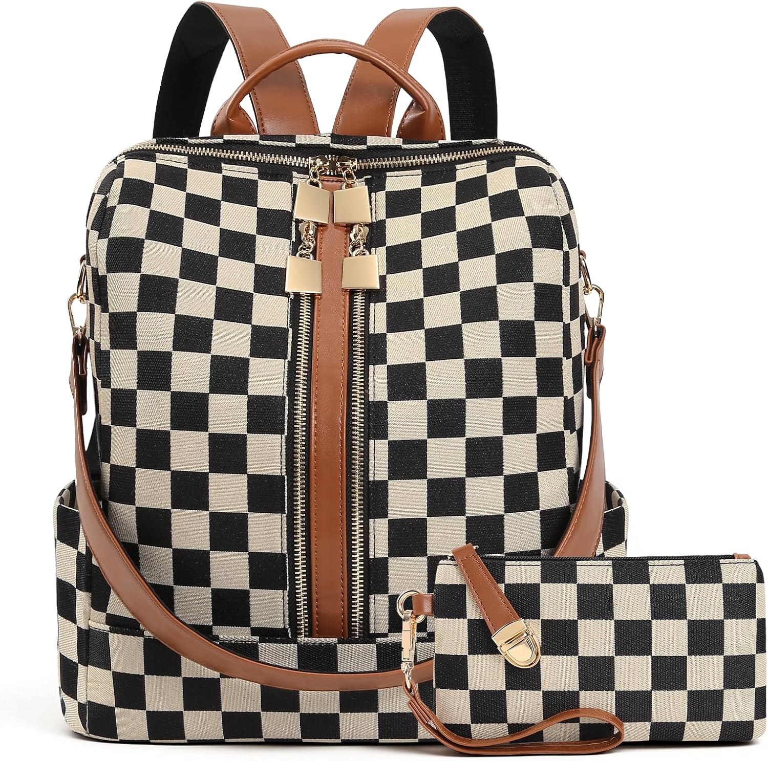 Checkered Backpack Purse for Women Plaid Back Pack Purses Leather Backpack Bags Handbags for Travel Work (Brown)