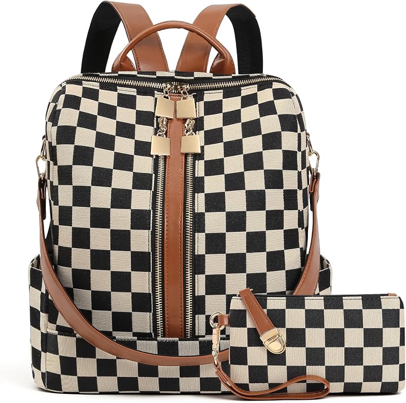 Checkered Backpack Purse for Women Plaid Back Pack Purses Leather Backpack Bags Handbags for Travel Work (Brown)