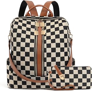 Checkered Backpack Purse for Women Plaid Back Pack Purses Leather Backpack Bags Handbags for Travel Work (Brown)