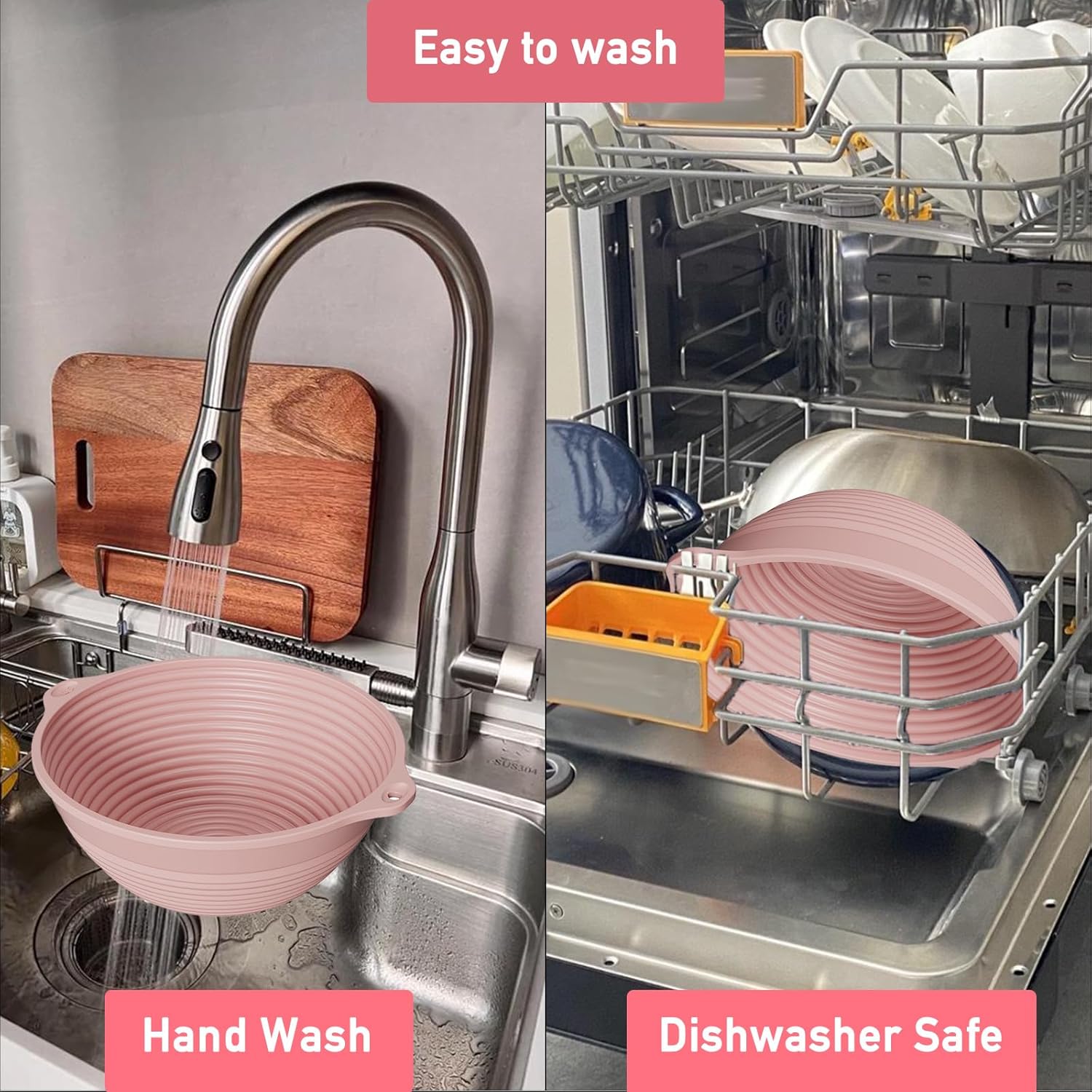 Silicone Bread Proofing Baskets for Sourdough,Banneton Basket Kit Includ 9 Inch Round & 10 Inch Oval Foldable Sourdough Proofing Basket,Bread Making Essential Tools, Easy to Clean and Storage (Pink) - Image 6