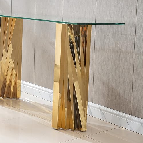 Miniatura 8 de Mesa consola de cristal dorado de lujo moderna de 55 pulgadas, mesa de entrada delgada con base de acero inoxidable brillante con espejo Consola