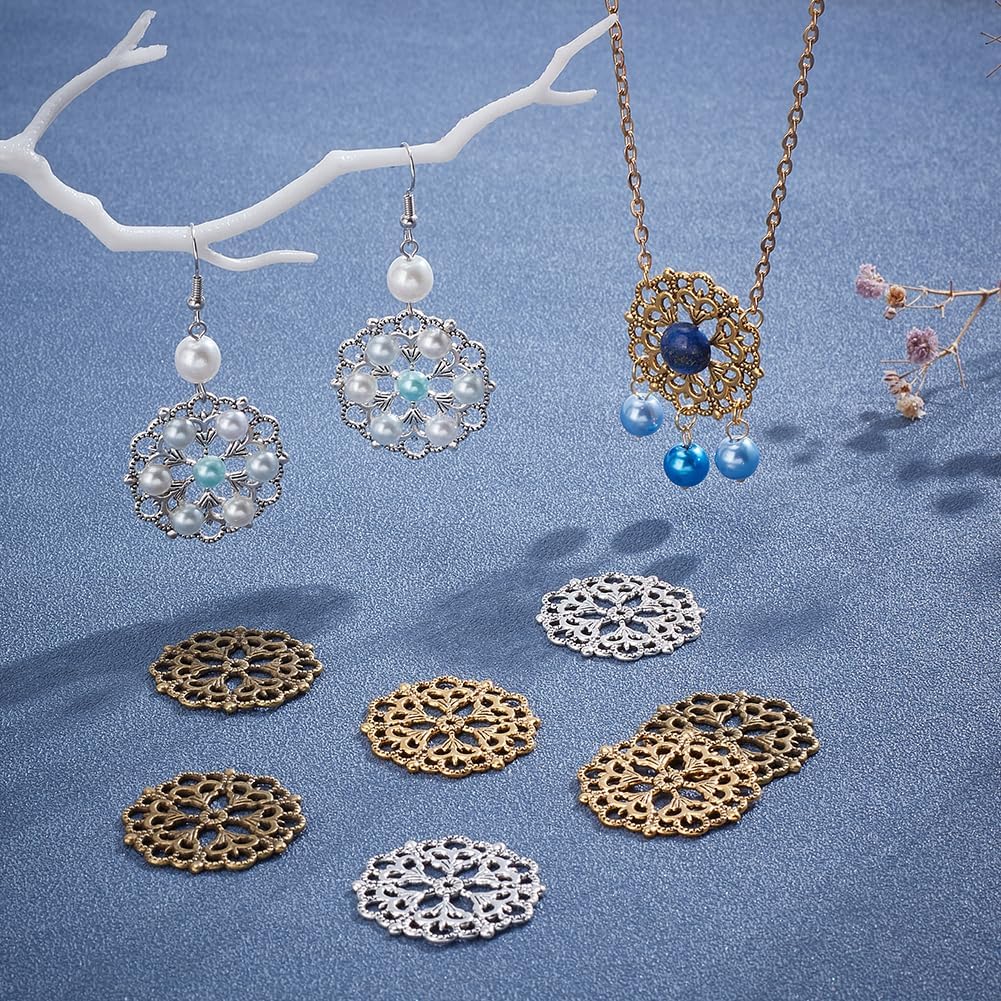 PH PandaHall 42PCS Filigree Connectors Charms Pendants, 3 Colors Rhombus Flower Charms Tibetan Metal Filigree Embellishments Hollow Pendants for DIY Hairpin Headwear Earring Necklace Jewelry Making - Image 4