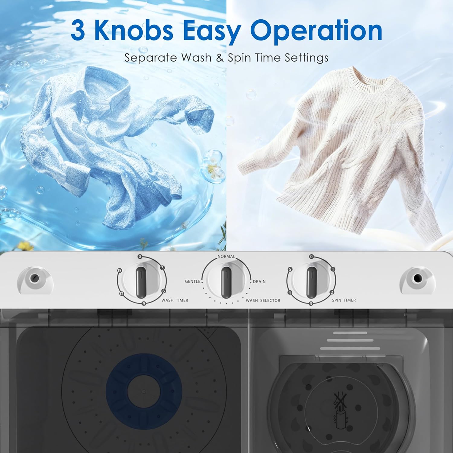 INTERGREAT Portable Washing Machine, 28lbs Compact Washer(18lbs) and Dryer(10lbs) Combo with Timer Knobs, Twin Tub Mini Laundry Portable Washer for Apartments, Dorm, Rv, Camping, Gray