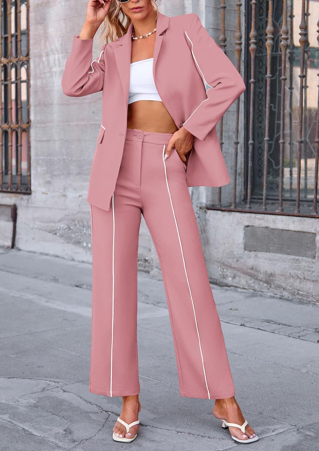 PRETTYGARDEN Women's Fall Spring 2 Piece Blazer Outfits Business Casual Oversized Jacket Wide Leg Work Pants Dressy Suit Set - Image 8