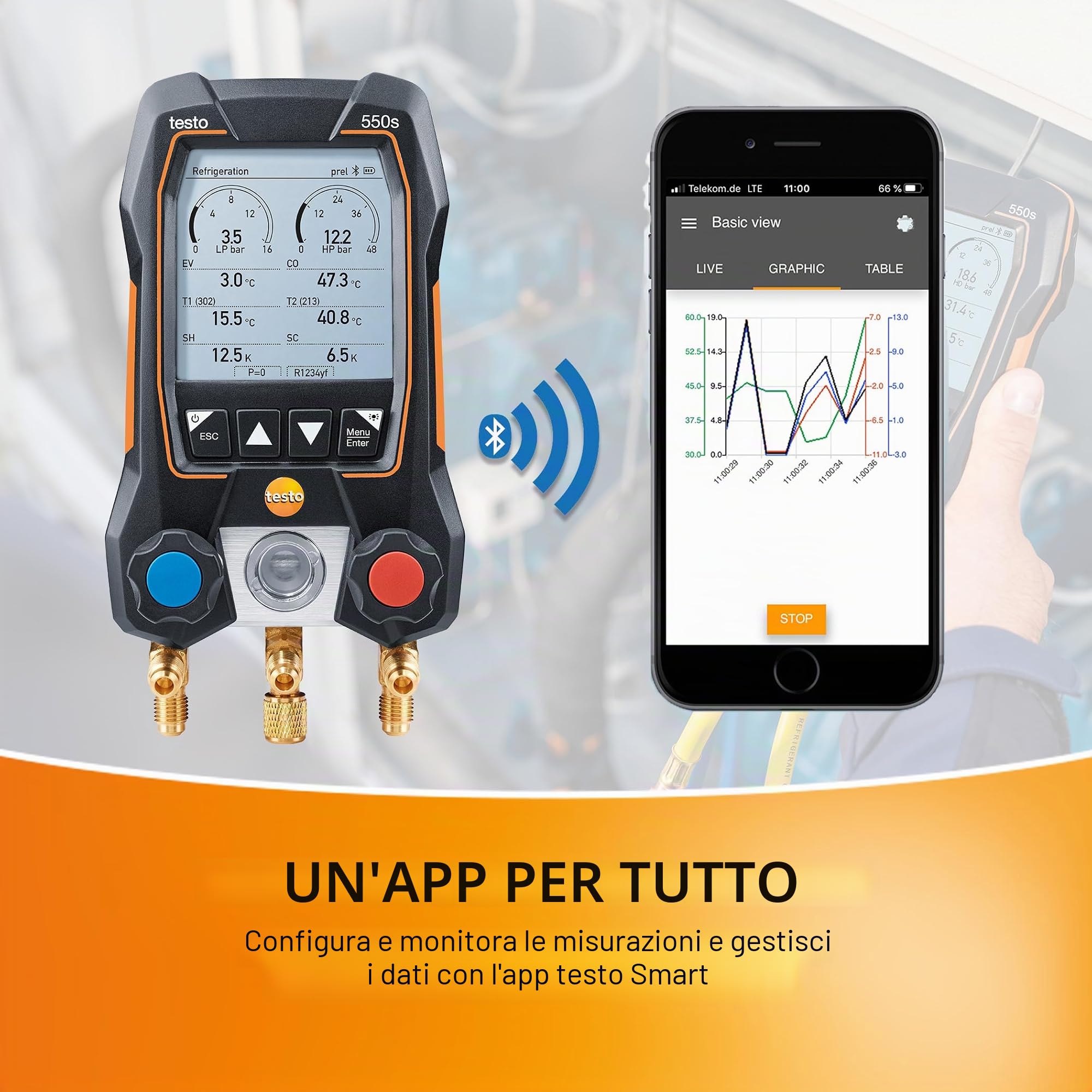 Testo Set Manometri Collettore AC 550s - Manometri collettore HVAC e refrigerazione - Incl. 2 sonde a morsetto di temperatura cablate - Kit ricarica CA con surriscaldamento, sottoraffreddamento con