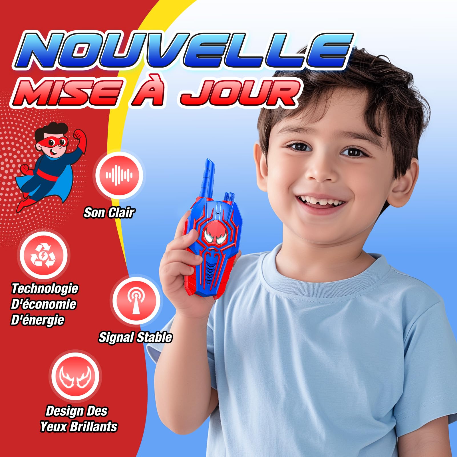 Talkie-Walkie Enfants Araignée – Portée 300 M, Yeux Lumineux, ABS Résistant, Cadeau 3-12 Ans