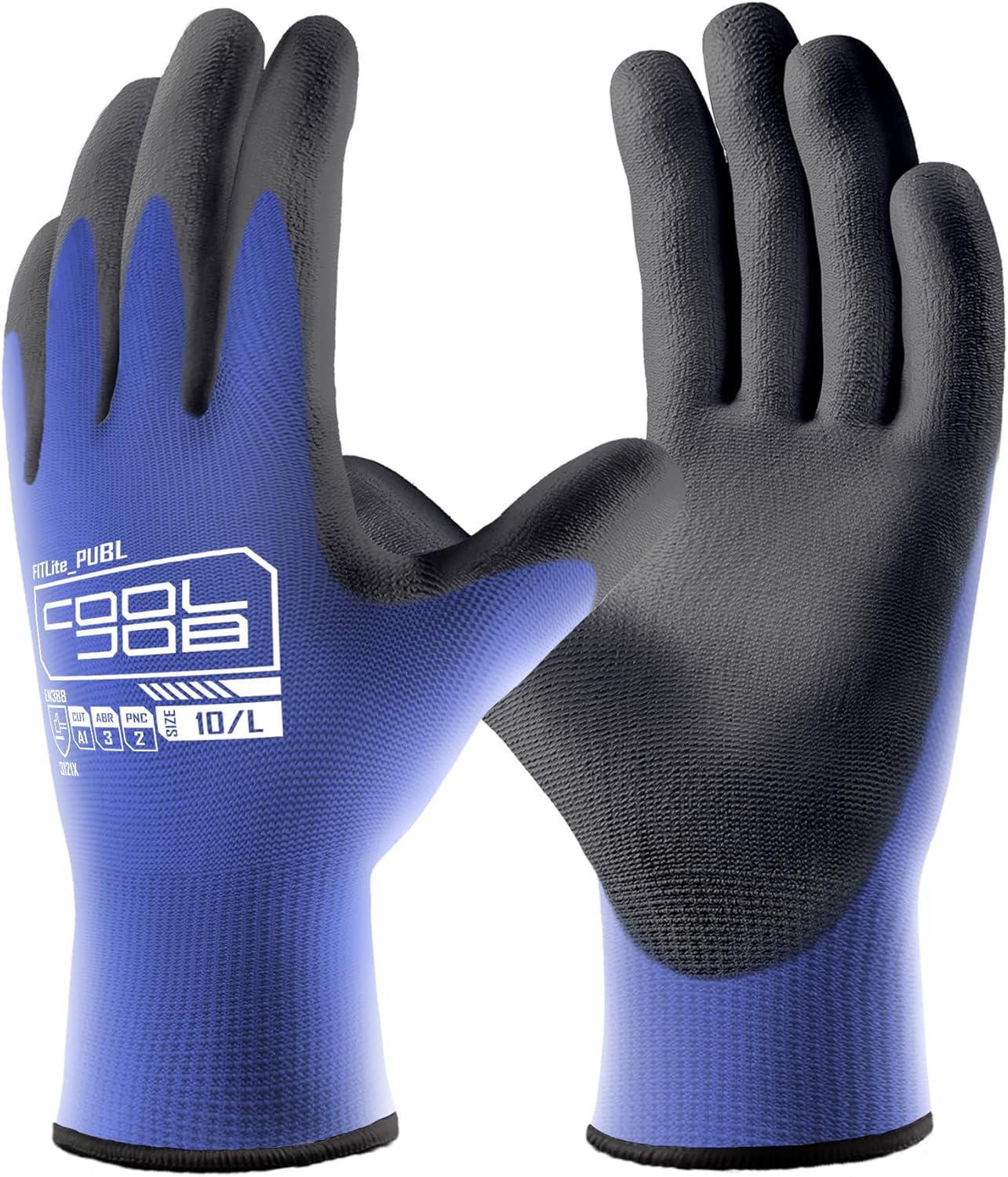 COOLJOB 12/60 Pairs Safety Work Gloves Pack Bulk with Grip PU Coating, 13 Gauge Seamless Knit Gloves with Polyurethane Dipped for Warehouse Working, Breathable Lightweight for Men Women, Blue Large