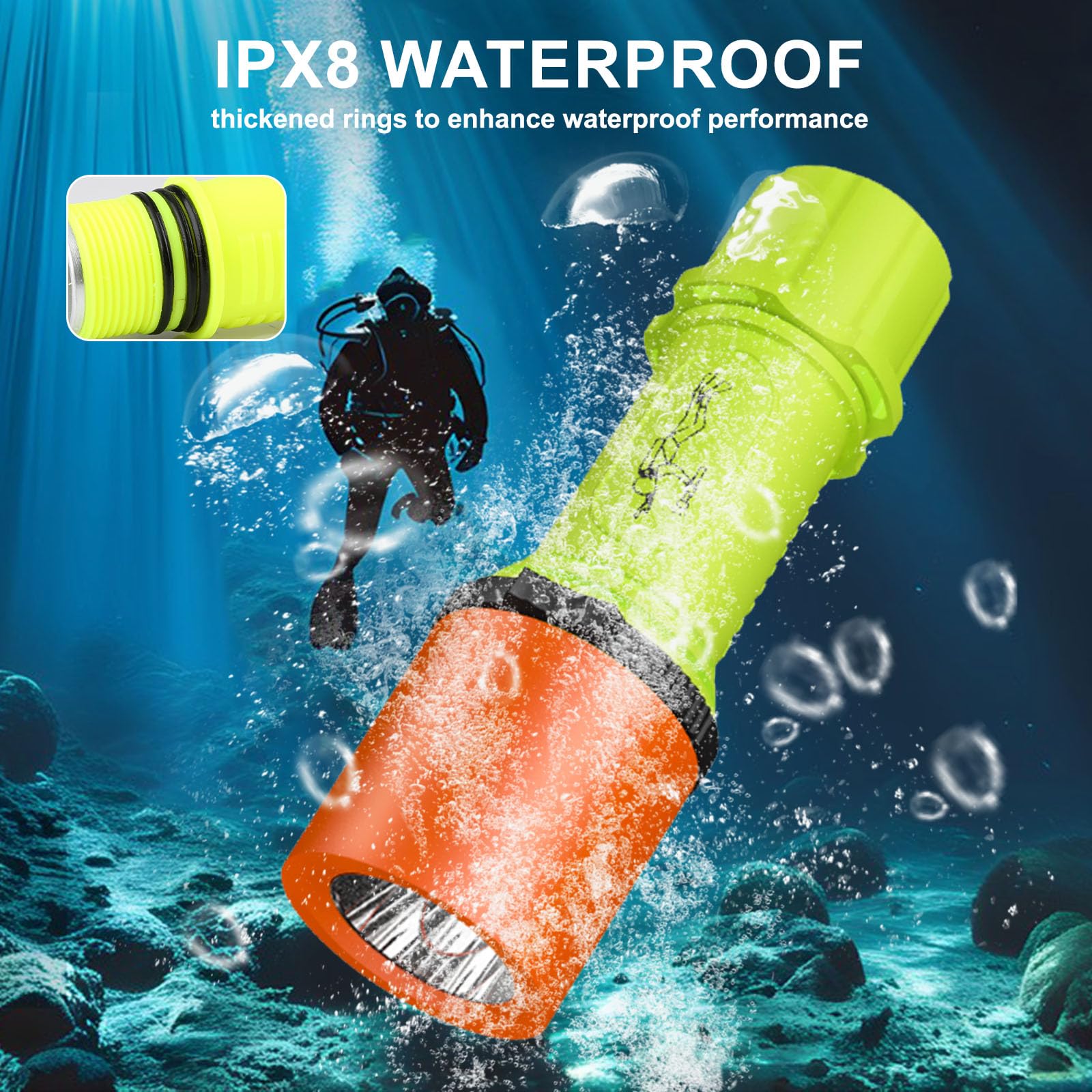Lampe De Plongée LED 2000 Lm – 60m étanche, 7500K, COB LED, Batterie 1100mAh, 5 Modes, Boîtier PC+alu, Pour Plongée, Snorkeling, Spéléologie