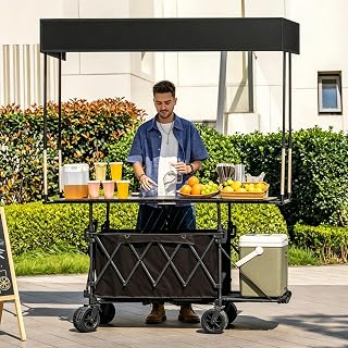 Outdoor Vendor Cart, Movable Stall Display Stand, Food Cart with Awning, Portable Outdoor, for Market, Street Food & Events